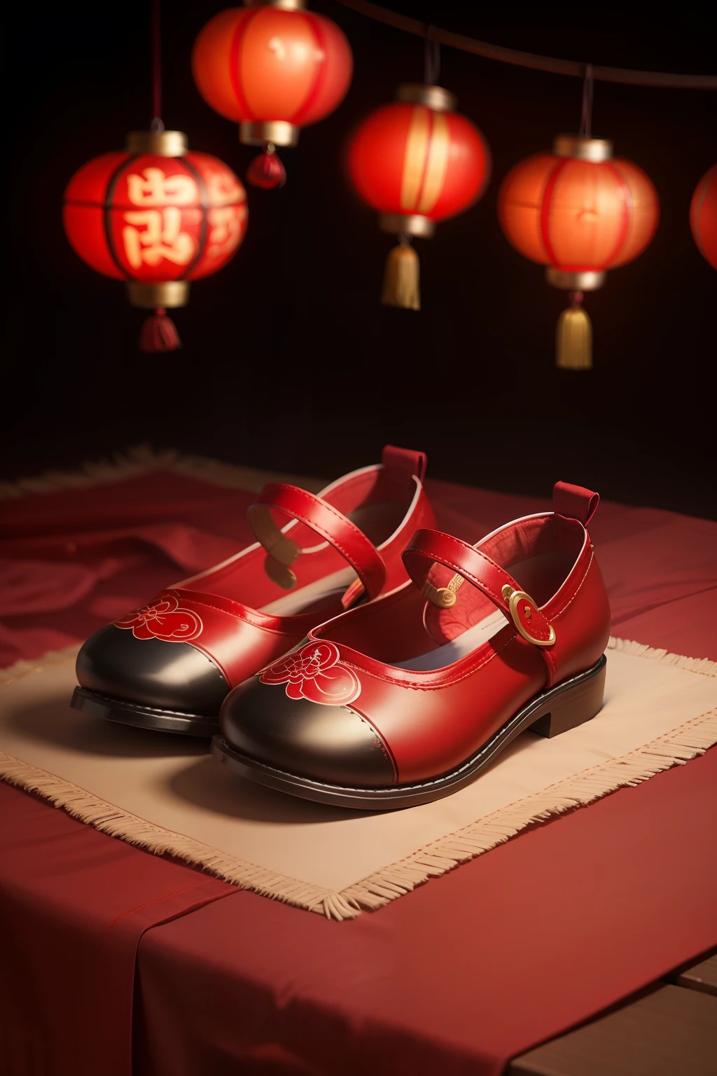 Red Chinese ethnic style children's shoes on the red cloth of the table,Traditional Chinese red lantern background,There are a few candies next to the shoes,Neatly folded red clothes,Close-up shot,Festive atmosphere