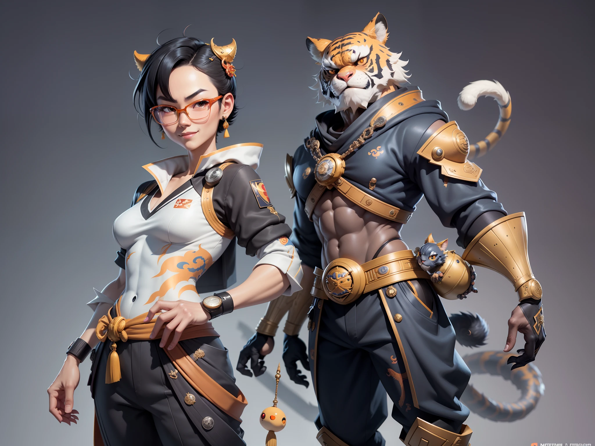 (Masterpiece), (Excellent), (Super Meticulous), (Full Body: 1.2), Super Young Man with Japanese Female Geisha, Pretty, Beautiful, Chinese Dragon, Tiger, Wind God Thor, Sexy, Bursting, Oriental Face, TV Anchor, Bust Portrait Illustration, Black Suit, Blue Tie, Slightly Chubby Face, Silver Glasses, Very Clean Face, No Beard on Chin, Black Super Short Hair, Black Eyes, Confident Smile, 3c Computer Sub-Products, iPad, iPhone, Digital Painting, 3D character design by Mark Clairedon and Pixar and Hayao Miyazaki and Akira Toriyama, the illustrations are HD illustrations in 4K resolution with highly detailed facial features and cartoon-style visuals.