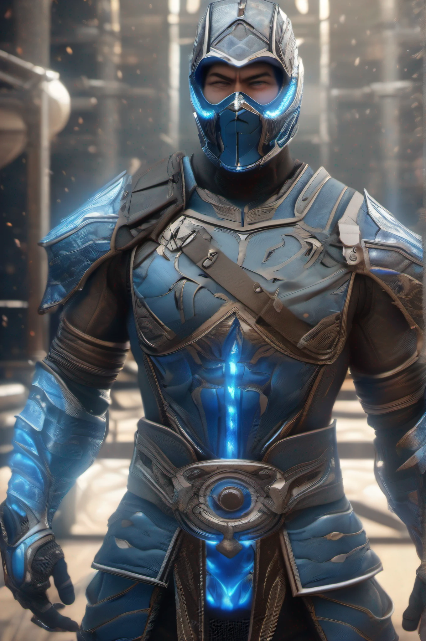 gloomy portrait of Blue Ranger from Power Rangers, with intricate angular cybernetic implants inside a brutalist building, gothic brutalist cathedral, cyberpunk, award-winning photo, bokeh, neon lights, cybernetic limb