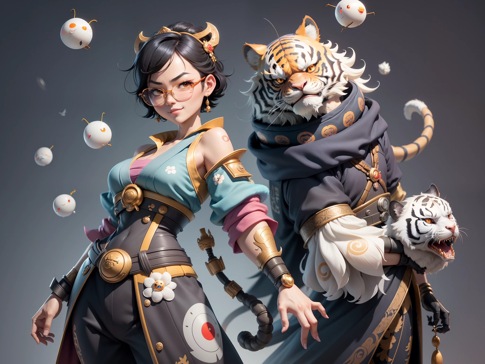 (Masterpiece), (Excellent), (Super Meticulous), (Full Body: 1.2), Super Young Man with Japanese Female Geisha, Pretty, Beautiful, Chinese Dragon, Tiger, Wind God Thor, Sexy, Bursting, Oriental Face, TV Anchor, Bust Portrait Illustration, Black Suit, Blue Tie, Slightly Chubby Face, Silver Glasses, Very Clean Face, No Beard on Chin, Black Super Short Hair, Black Eyes, Confident Smile, 3c Computer Sub-Products, iPad, iPhone, Digital Painting, 3D character design by Mark Clairedon and Pixar and Hayao Miyazaki and Akira Toriyama, the illustrations are HD illustrations in 4K resolution with highly detailed facial features and cartoon-style visuals.
