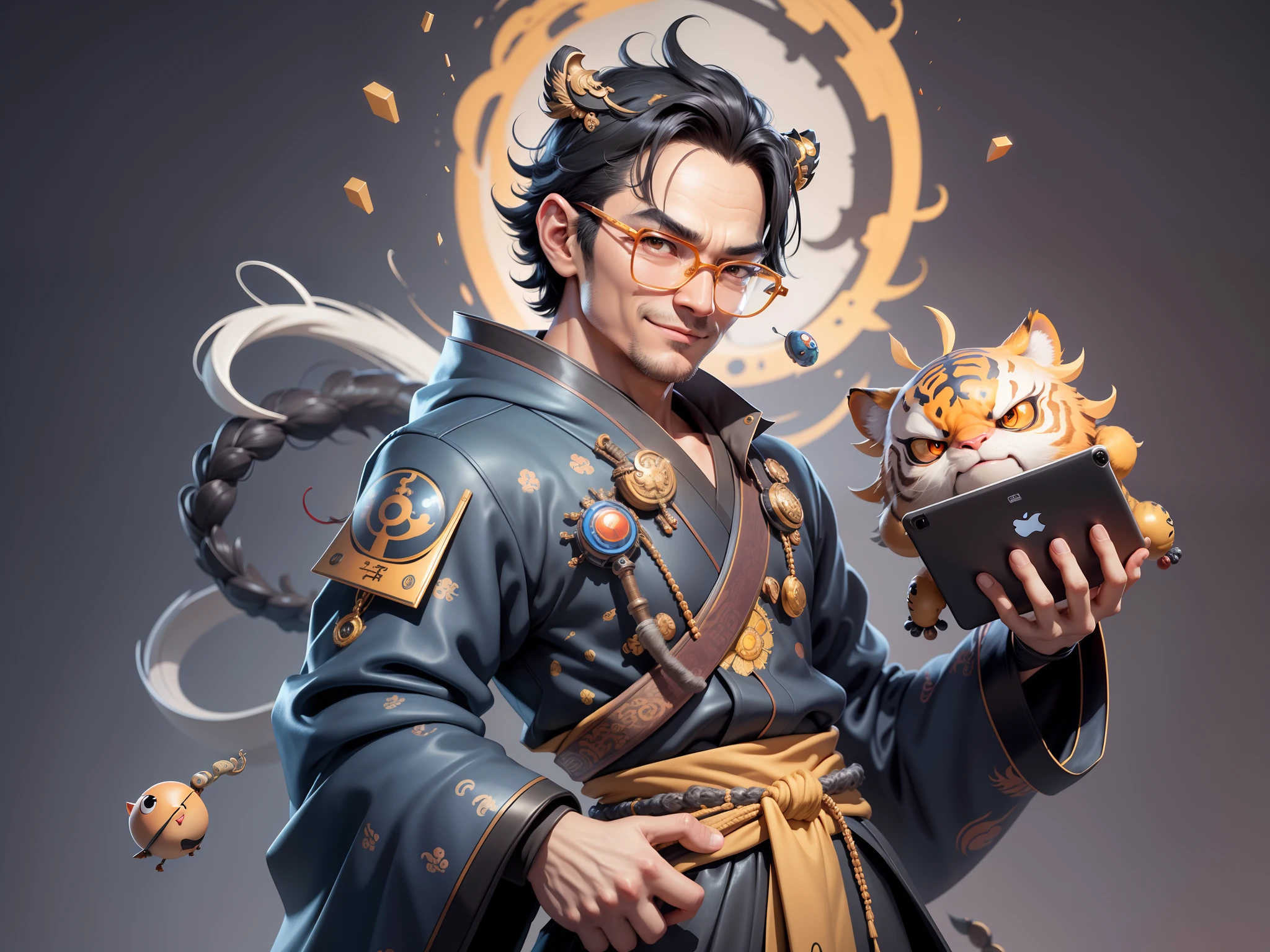 (Masterpiece), (Excellent), (Super Meticulous), (Full Body: 1.2), Super Young Man with Japanese Female Geisha, Pretty, Beautiful, Chinese Dragon, Tiger, Wind God Thor, Sexy, Bursting, Oriental Face, TV Anchor, Bust Portrait Illustration, Black Suit, Blue Tie, Slightly Chubby Face, Silver Glasses, Very Clean Face, No Beard on Chin, Black Super Short Hair, Black Eyes, Confident Smile, 3c Computer Sub-Products, iPad, iPhone, Digital Painting, 3D character design by Mark Clairedon and Pixar and Hayao Miyazaki and Akira Toriyama, the illustrations are HD illustrations in 4K resolution with highly detailed facial features and cartoon-style visuals.