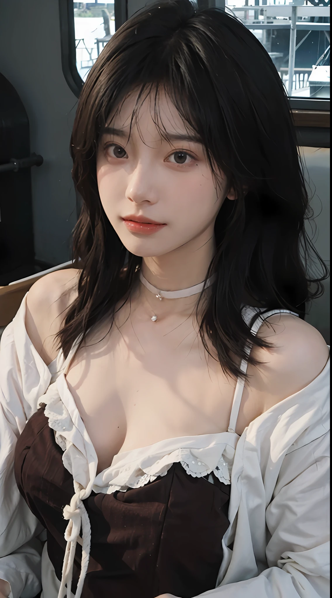 best qualtiy， 超高分辨率， （realisticlying：1.4）， Baoyu Girl， A pair of clear and moving peach blossom eyes,Royal Sister，sunshine on face，with long coiled hair，（ln the forest：1.4），（choker necklace：1.2），（Fair skin：1.9），（full bodyesbian：1.2）a sense of atmosphere，a beauty girl， ssmile，head straight-looking at viewer， closeup cleavage ，(Photorealistic:1.4),1girll,Sexy,(Orange lace bra:1.3),(Big breasts:1.9）,(Upper body:1.4),(Wet body),(:1.2)