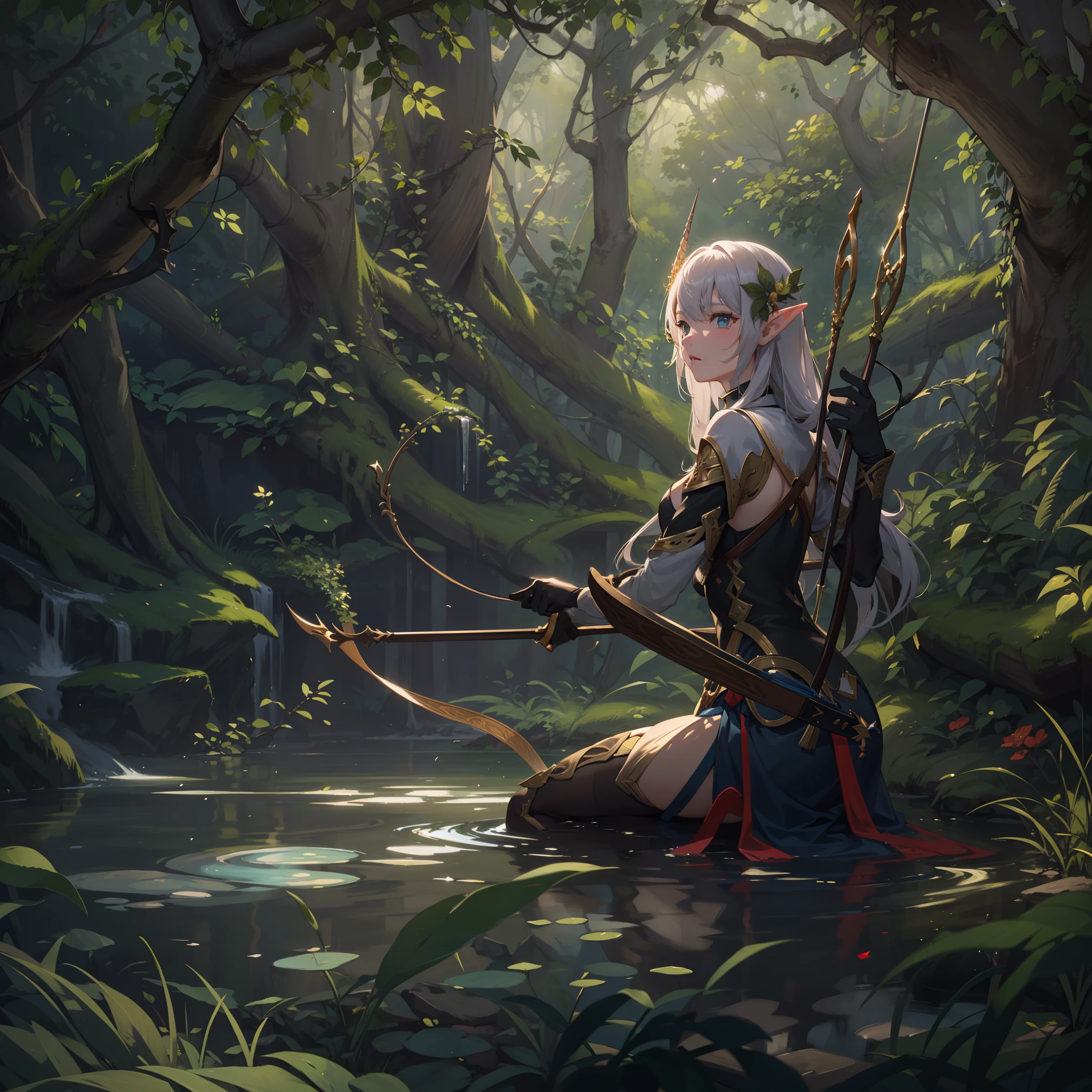 fallen wood,Elves with compound bows:1.5,Elf with a bow:1.5,arrow,flat breasts,dutch angle shot,ground-level shot,low angle,full body shot,medium shot,hunter:1.2,One unicorn:1,3, One Girl and One Fairy:1.8,Undulating lakes,deep-forest,Blowing in the wind,Has depth,(4K), (Raw photo: 1.2), (Realism: 1.4), (masutepiece: 1.3), (exquisite detailing: 1.2), Delicate and beautiful details, (Eye Detail), (Facial Detailed), (Highest Quality) :1.4), (Hyper-Resolution: 1.2),(very detailed illustration), Best Quality, depth of fields, Wide light, natural shadows