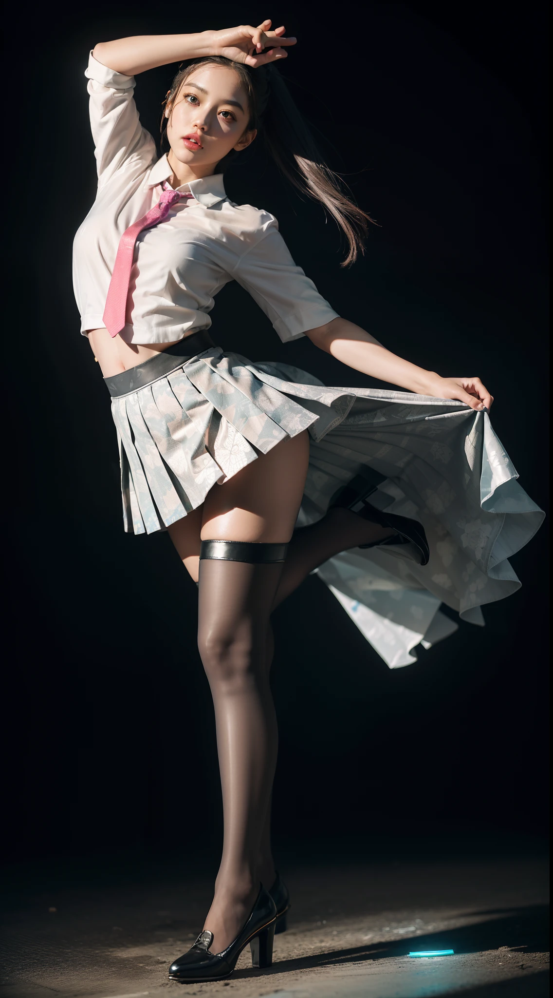 (full body:1.5),(1girl:1.3),(view the viewer:1.4),(anatomy correct:1.45),(Dancing on high mountain peaks:1.3),(very thick printed pantyhose:1.4),( A woman Wear printed fantasy JK student uniform pleated skirt and uniform pointed high-heeled leather shoes :1.35), (Light particle effect:1.3),(In pink | amarelo | blue colors| green color |red color | white colors| black in color| purplish color| greys| Beige| Flesh color 1.4),(Glowing eyes:1.3),(Large amplitude action: 1.3),(Accurate and perfect face:1.4),hyper HD, Ray traching, reflective light,structurally correct, Award-Awarded, high detail, lighten shade contrast, Face lighting,cinmatic lighting, tmasterpiece, super detailing, high quality, high detail, best quality, 16k,High contrast,