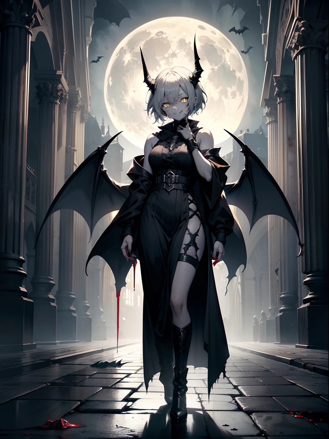 Gargoyle, humanoid, grey skin, grey tint, dark night, yellow eyes, glowing eyes, female, full body, stone skin, nude, short hair, gothic style, moon, sitting on roof, gothic house, bat wings, horns, cracks in skin, NSFW, blush,