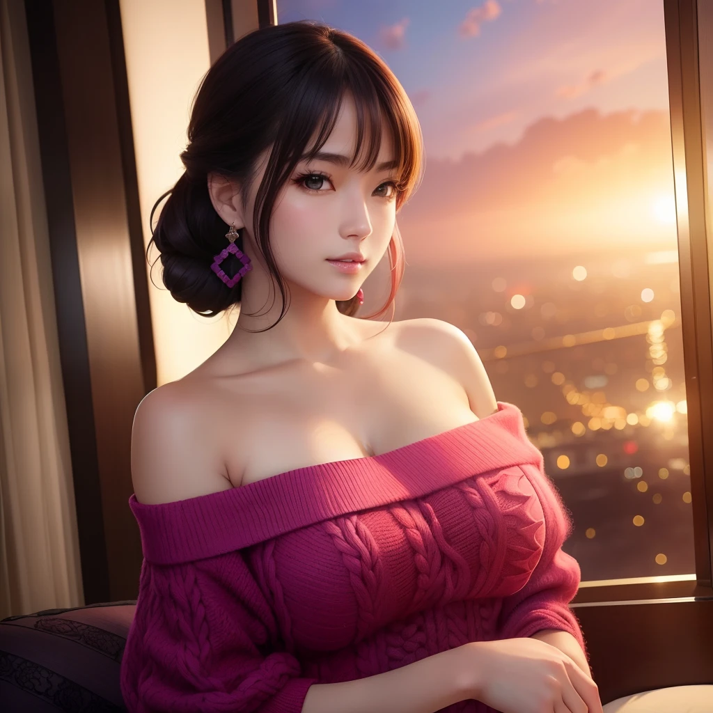 Best Quality ,masutepiece,超A high resolution,(photographrealistic:1.4), 1 woman , Looking at Viewer, Wear an oversized off-shoulder knit, Very beautiful,kawaii, Cinematic, Accent Lighting, 8K, at luxury hotel