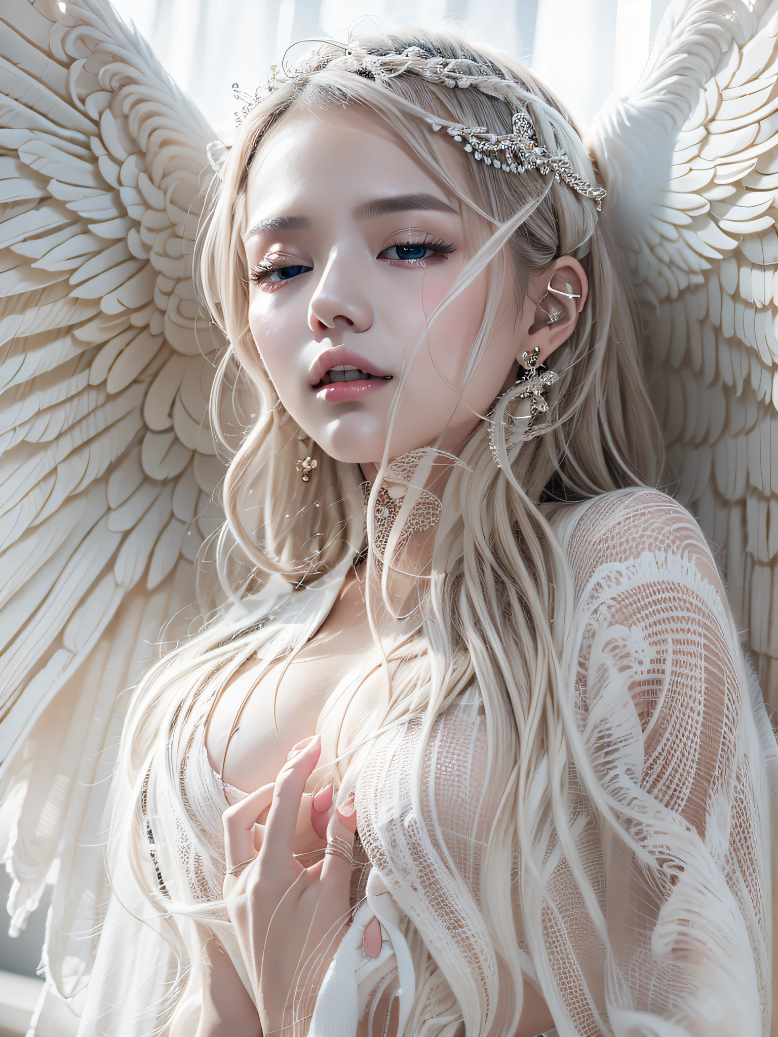 Hyper realistic, Angel, Transparent clothes, Fair skin, Wings covering her body, Hands covering her face、Pale light envelops the whole body、chies