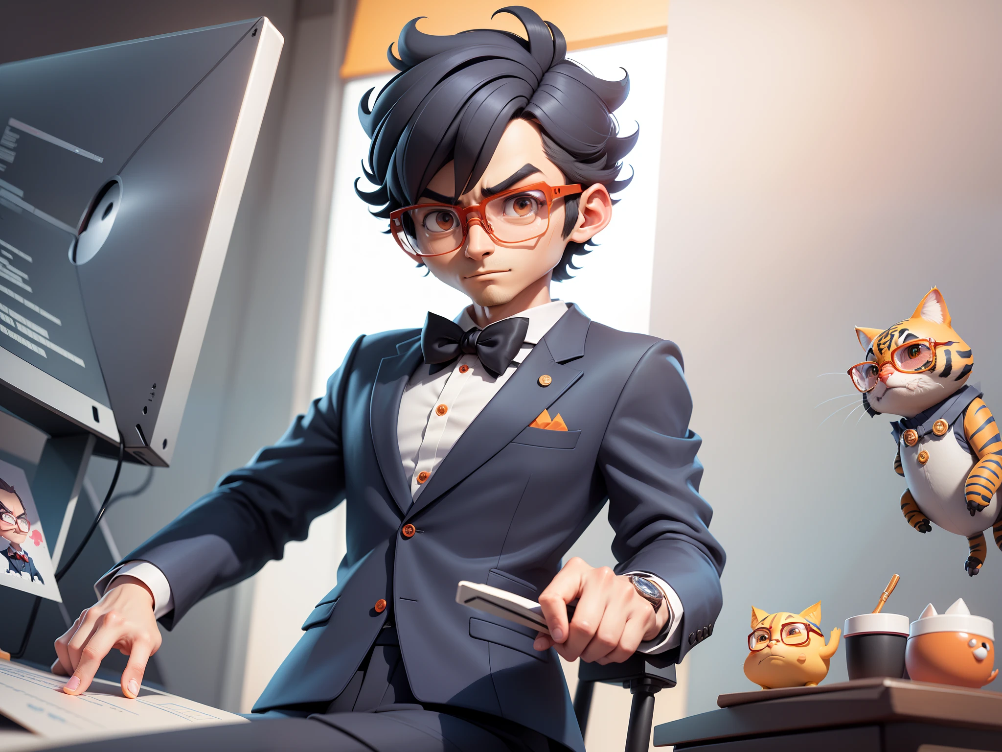 A young man in a suit, Short hair and glasses sat at his desk，holding laptop，digitial painting，tigre，3D character design by Mark Clairen and Pixar and Hayao Miyazaki and Akira Toriyama，4K HD illustration，Very detailed facial features and cartoon-style visuals。