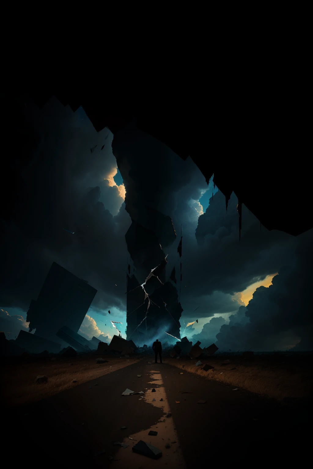 The sky is shattered,A black figure on the ground faces the sky