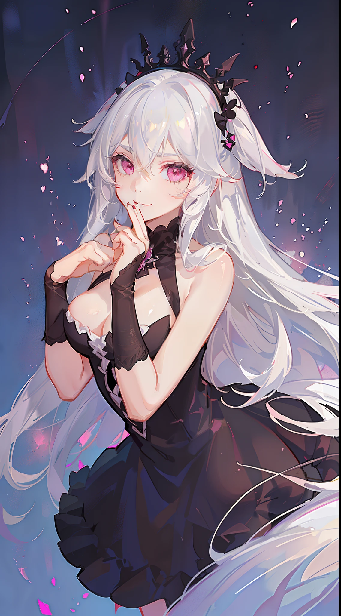young girl, black skin, Long white hair with a pink parting, pink eyes, smirk, Vampire, White rich dress, Sleeveless, open breasts, Masterpiece, hiquality