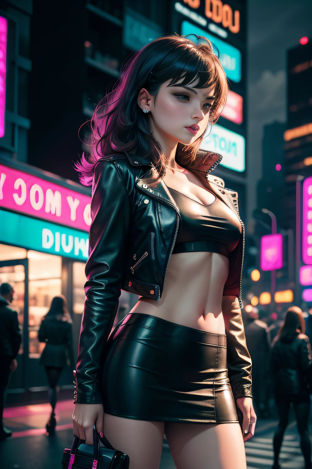 Woman wearing a very short mini skirt, bralet, short leather jacket and high heels, city at night background with neon lights