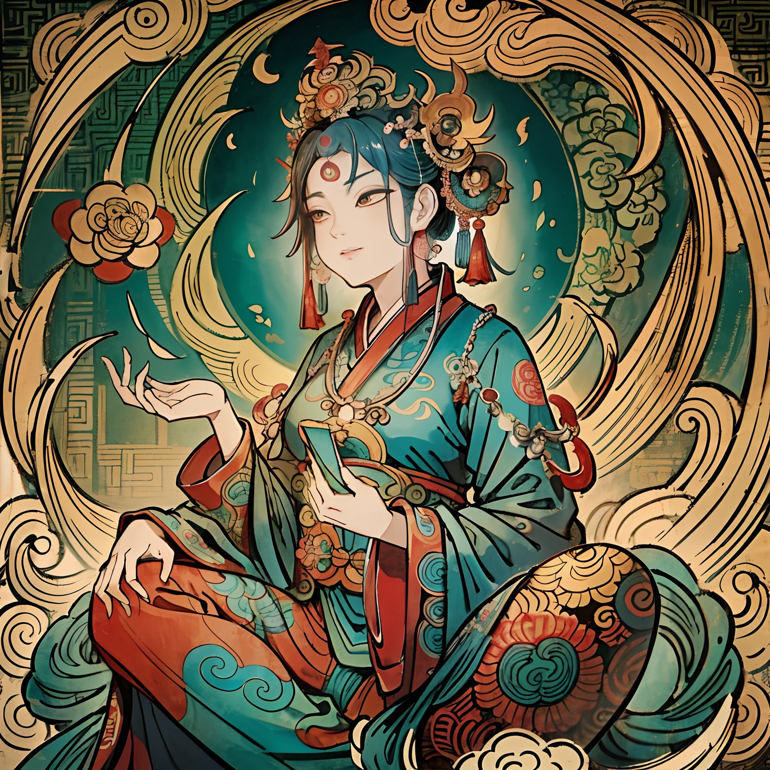(table top, highest qualityの, highest quality, official art, (beautiful and aesthetic:1.4), (watercolor painting:1.4) ),  (Tsukiyami:1.5), Japanese mythology god々々々々々, dignified beauty, goddess of the moon、goddess of life、reincarnation support, God&#39;s grace, calm and meditative expression, flowing heavenly garments, A silvery glow illuminated all the landscapes on Earth, dazzling light dance, whispers of ancient legend