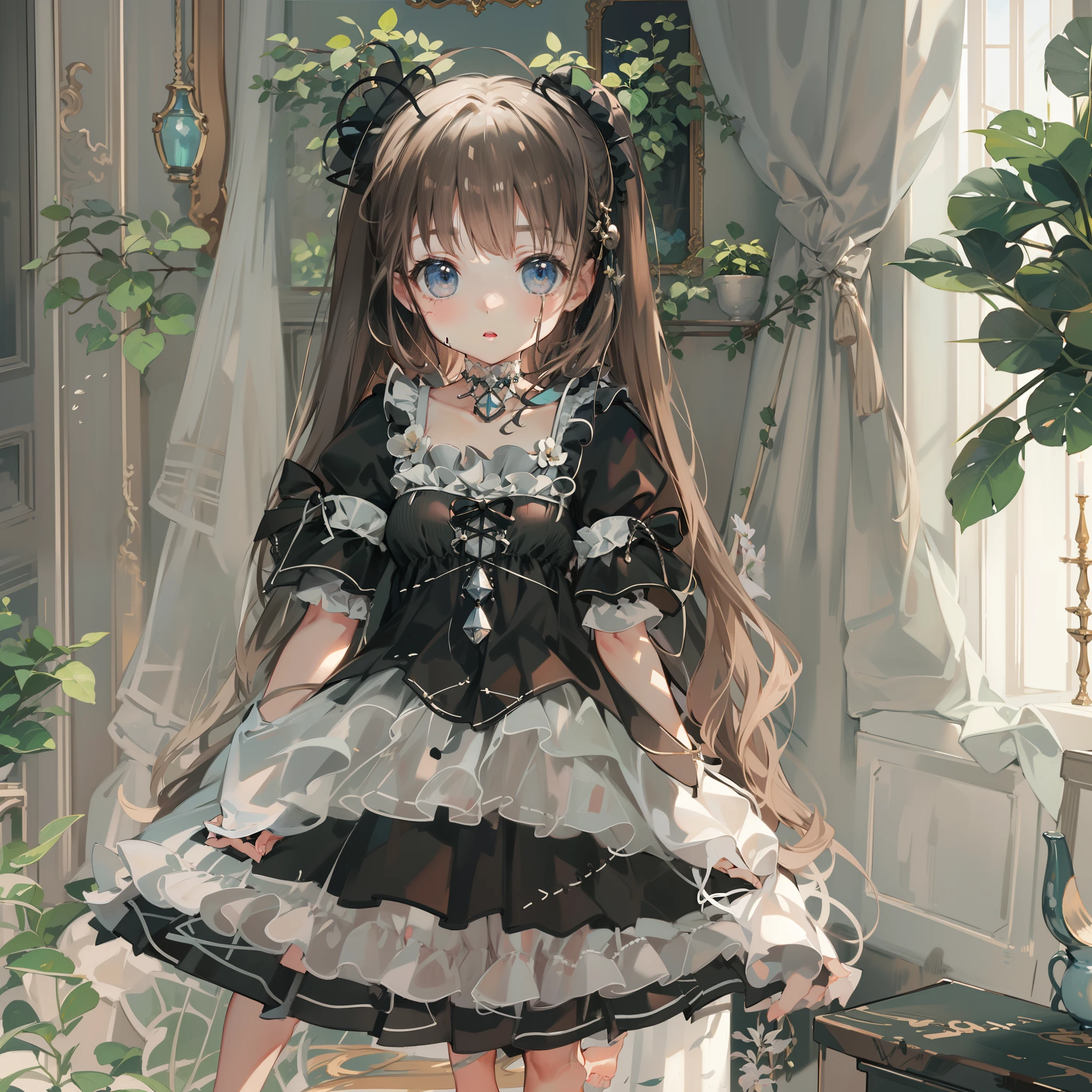 very cute female child:1.1,10 yo,Gothic Lolita:1.8,dutch angle shot,ground-level shot,low angle,full body shot,medium shot,Barefoot,livingroom:1.5,Summer,day, Long hair,flat chest,Wind,Drooping sweat:1.1,(4K), (Raw photo: 1.2), (Realism: 1.4), (masutepiece: 1.3), (exquisite detailing: 1.2), Delicate and beautiful details, (Eye Detail), (Facial Detailed), (Highest Quality) :1.4), (Hyper-Resolution: 1.2),(very detailed illustration), Best Quality,depth of fields, Wide light, natural shadows