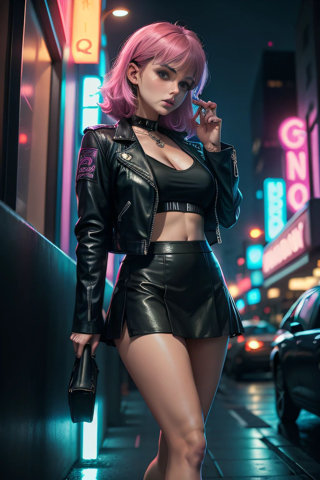 Woman wearing a very short mini skirt, bralet, short leather jacket and high heels, pink hair, city at night background with neon lights