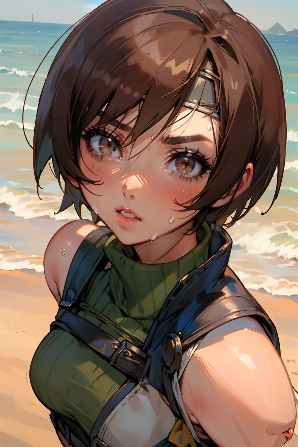 Yuffie_Kisaragi_01 Girls,  ((Front-facing person)), arms forward, Looking at Viewer, begging me to kiss, Brown eyes, Short hair, head band, Brown hair, sleeveless turtleneck, croptop, Beach, Sweat, enraptured,s lips, Parted lips,(((facefocus))),Close Up Shot,