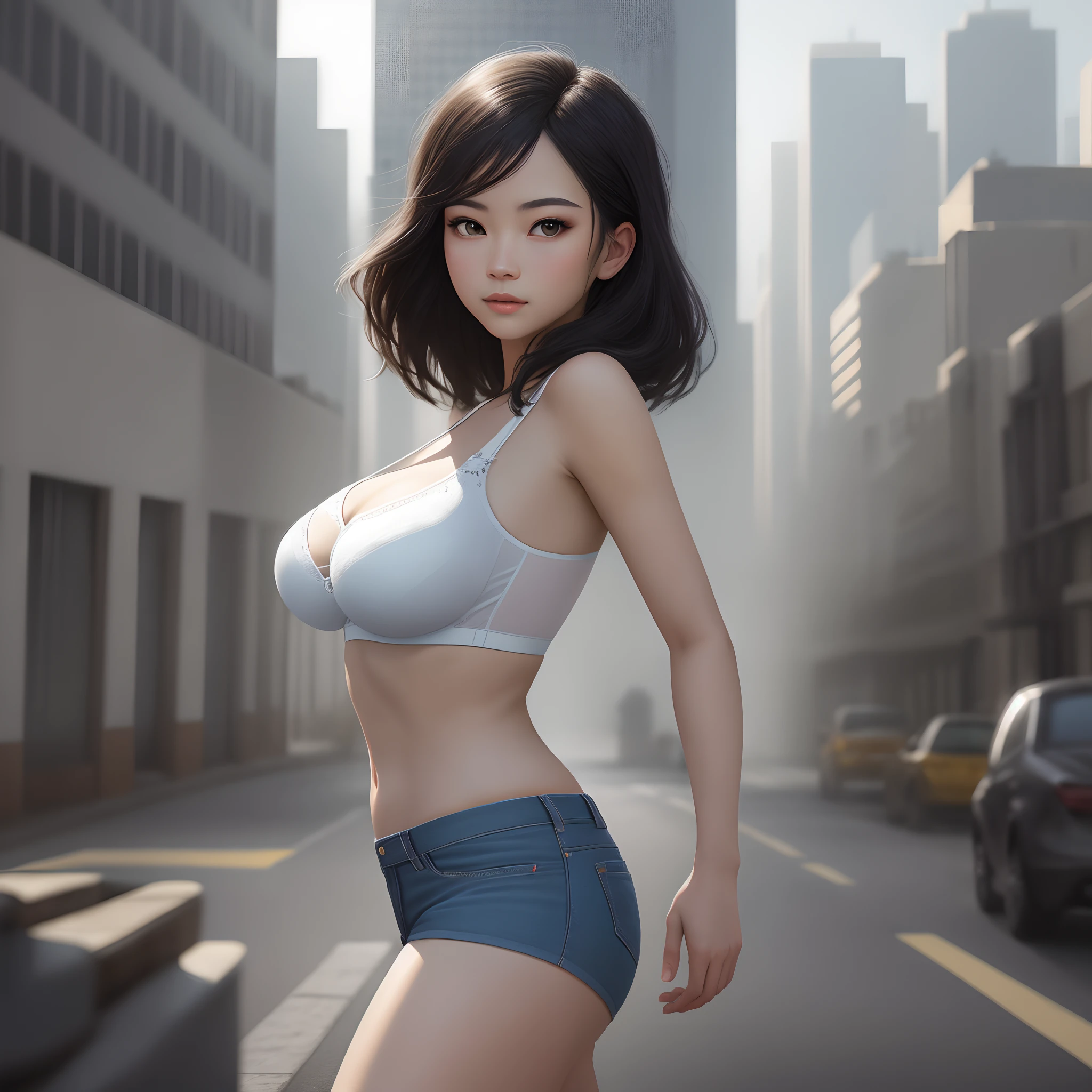 (1girl:1.3), 独奏, (((very vey very detailed face))),((very detailed eyes and faces))),beatiful detailed eyes,Body parts__,offcial art,Unified 8k wallpaper,ultra-detailliert,Beautiful and beautiful,big breasts beautiful,tmasterpiece,best qualtiy,primitive,tmasterpiece,ultra fine photos,best qualtiy,超高分辨率,photorealistic realism,rays of sunshine,full-body portraits,stunningly beautiful,,dynamicposes,delicated face,vibrant eyes,(from the front side), She wears a bra,white colors,denim short,Very detailed city roof background, Roof,looking over city,详细的脸,detailed complex busy background,untidy,opulent,milkyW,highly detailedskin,Realistic details of skin,Visible pores,Clear focus,volume fog,8k uhd,digital SLR camera,high qulity,filmgrain,White skin of the,photo-realism,lomography