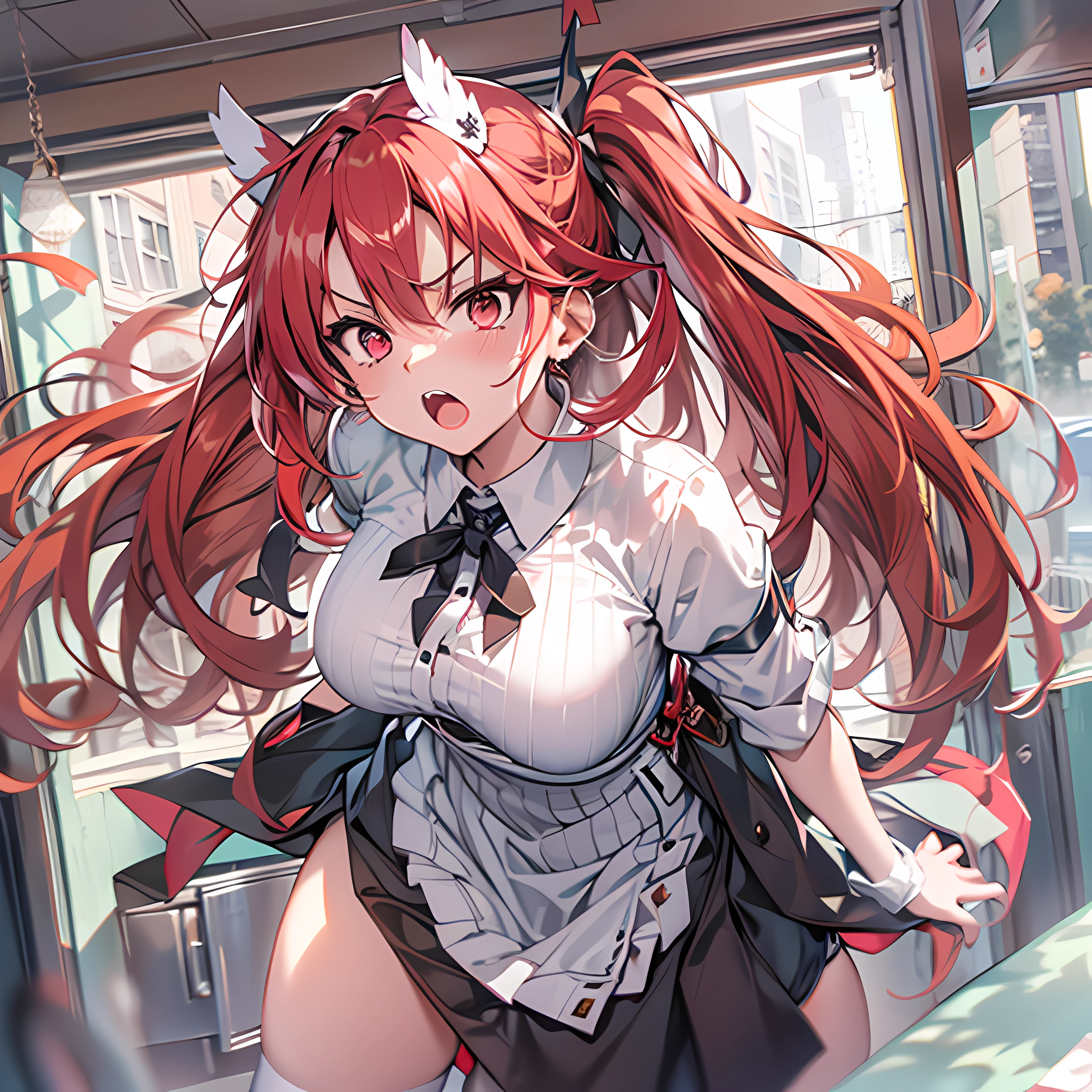 Best quality, Masterpiece, In the daytime, At the door of the room,1 girl, Student, Red hair, Single high ponytail, red color eyes, Medium breasts, black lence stockings, white dresses, Angry, Stand, Crossed waist with one hand,