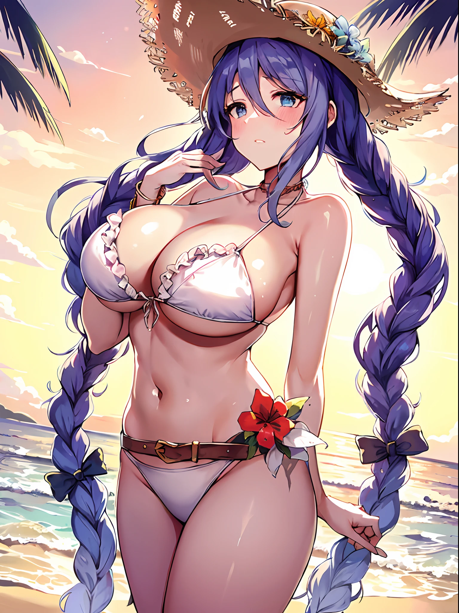​masterpiece, Best Quality，top-quality，{{{sizzle (Sizzle Summer)\sprincess connect!}}}，{{{Long braided twin tails}}}，Light blue-violet hair，red blush，light blue  eyes，Nasty face，Very large breasts，very sagging chest，1人，Big straw hat，White Bikini，{{{White Bikini}}}，very long ruffles of white color,,，{{{Very long paleo of white color on the waist}}}，{{{the beach}}}，Beautiful sunset，Great backlight，bare-legged，Bold poses，