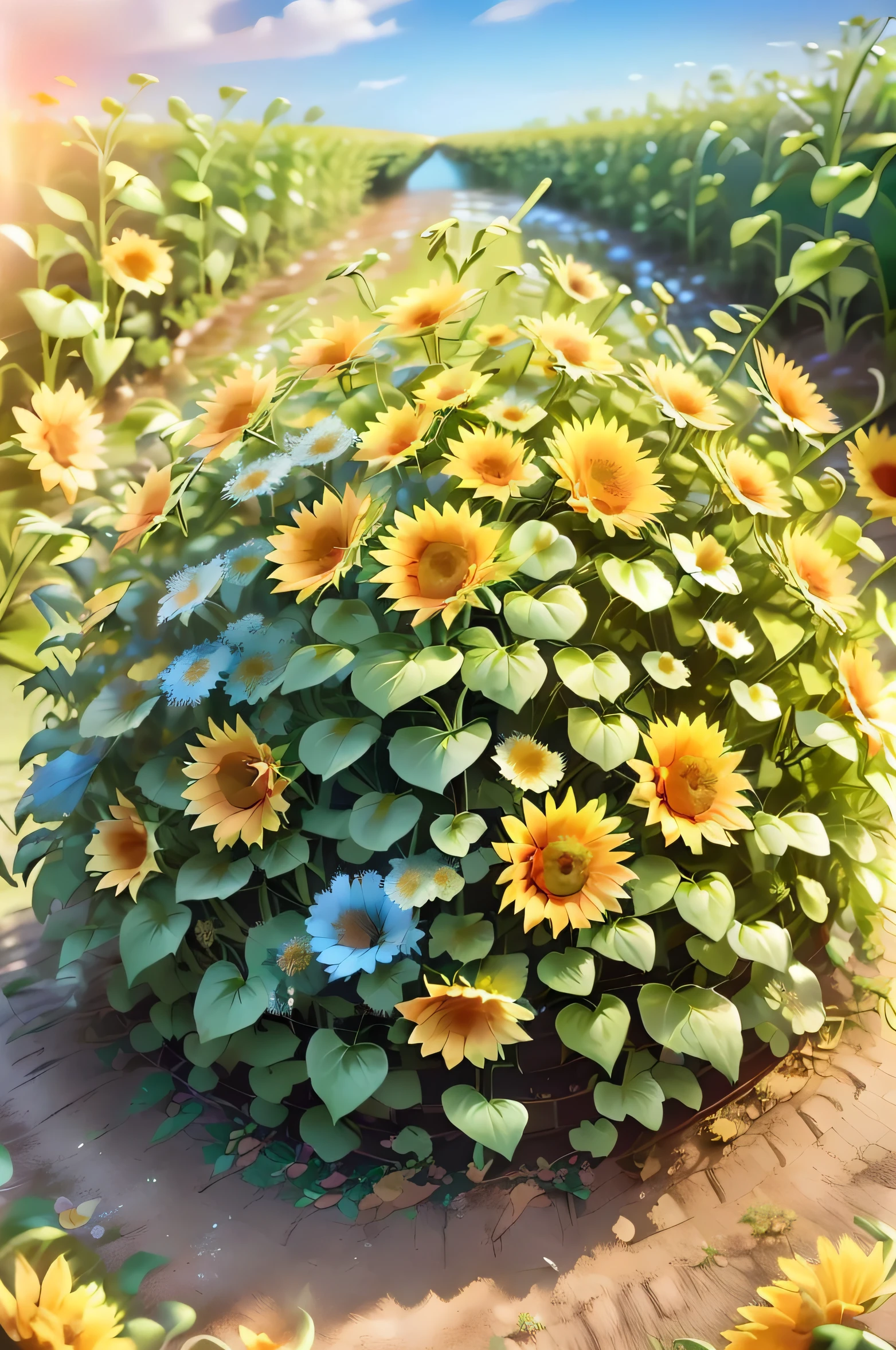 A sunflower field with depth in the image.
Closest to the eye are a few single sunflowers in close-up and the rear sunflowers are getting smaller and smaller.
A sky with bright blue colors, sun and clouds showing that it is a warm summer day.
The stems have green leaves in different shades of green which show that the flowers are lush and beautiful.
Can also see that there could be part of a lake near the field which gives a bit more perspective.
(No insects, butterflies or other animals, houses, boats or anything other than flowers/nature are included in the vision)
True to my habit, the sunflowers are in focus and preferably with lovely shifts and color changes in the yellow that gives shadows and shine.
