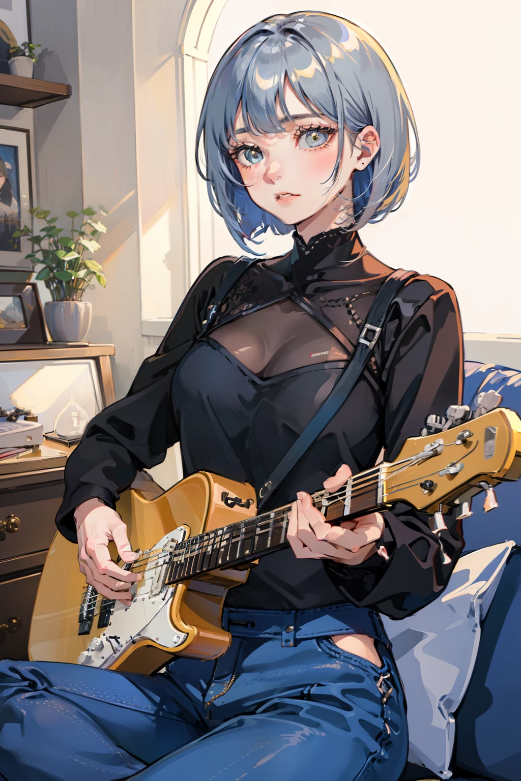 (((Playing guitar)))、独奏、cool expression、sitting on、((Agra))、full bodyesbian、(((Bright eyes)))、Beautiful eyes、Gray Hair Bob、Fashionable clothes、Fancy room、Fancy effects、(((masterpiece)))、Fancy background、Fancy details、