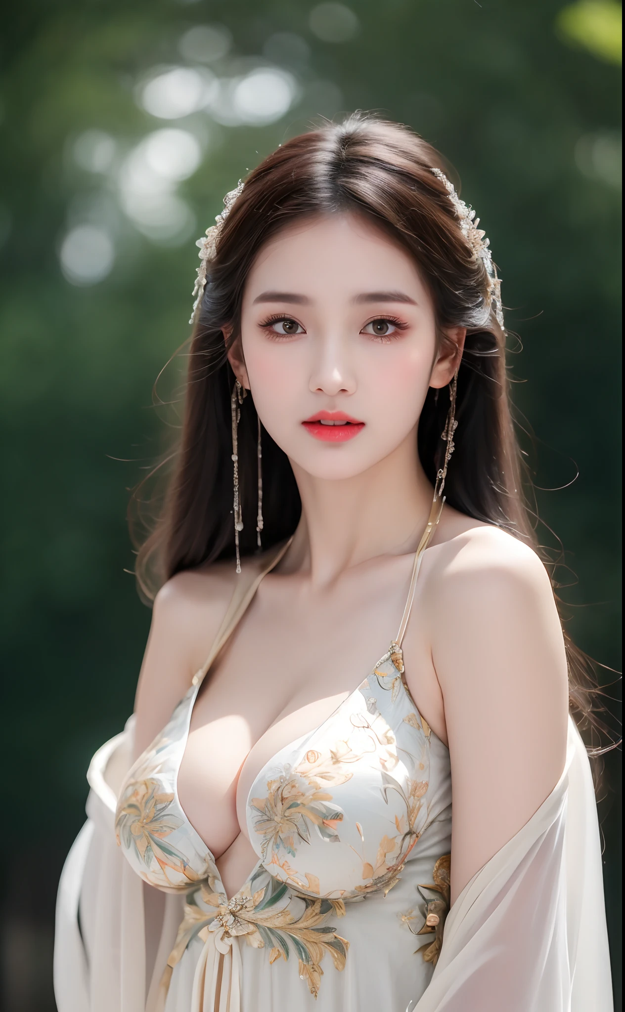 ((Best Quality, 8k, Masterpiece: 1.3)), Focus: 1.2, Perfect Body Beauty: 1.4, Buttocks: 1.2, ((Layered Haircut)), (Wet Clothes: 1.1), (Rain, Street:1.3), (Breasts: 1.2), (Hanfu: 1.2), Bare Shoulders, Bare Legs, Highly Detailed Face and Skin Texture, Fine Eyes, Double Eyelids, Whitened Skin, Long Hair, (Shut Up: 1.5), (Bokeh Background: 1.5), Big Breasts