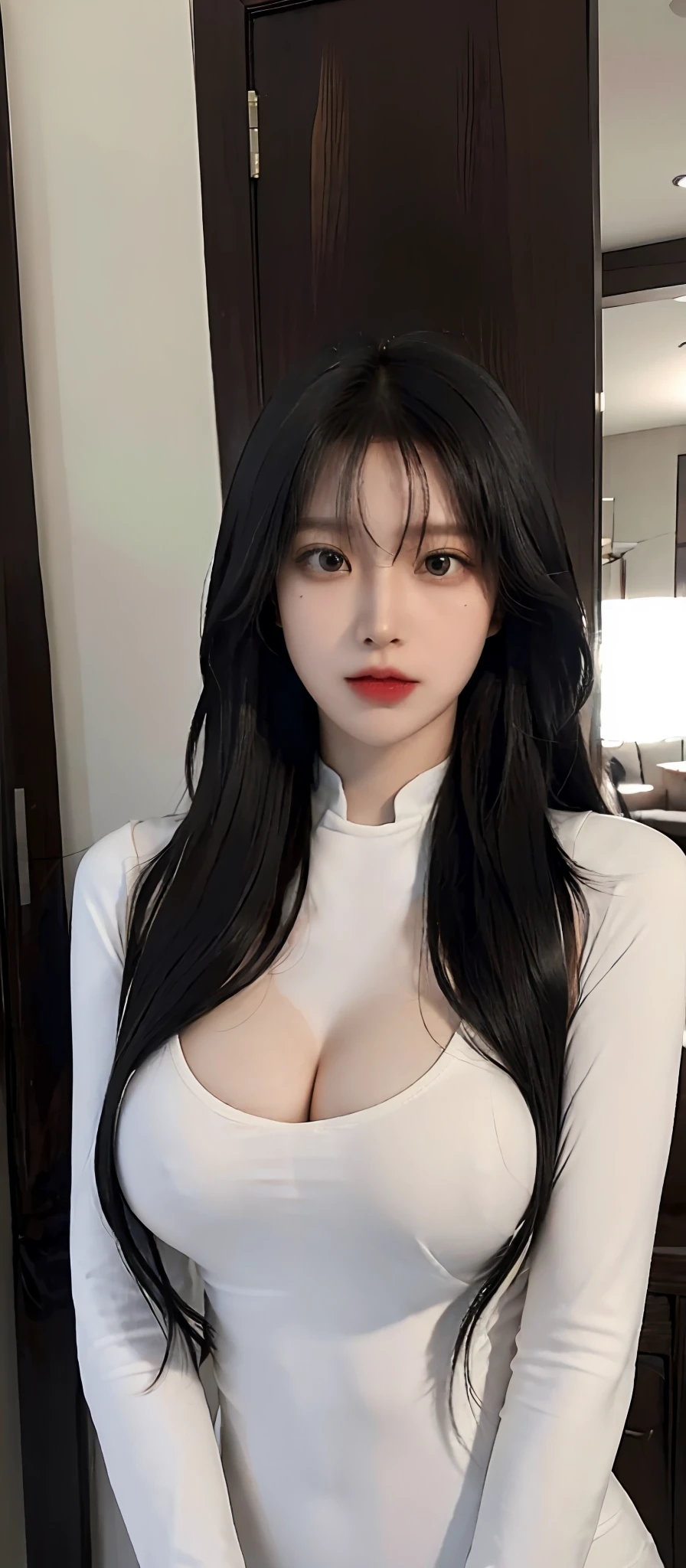 (realistic, high resolution:1.3), (upper body), 1 girl with perfect figure, super fine face and eyes, black hair, long hair, white tight suit, inside house, (big breasts),