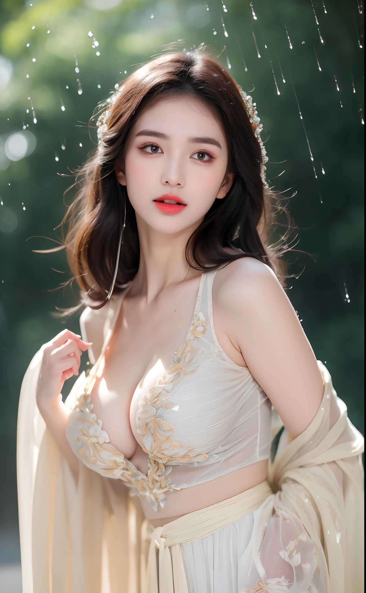 ((Best Quality, 8k, Masterpiece: 1.3)), Focus: 1.2, Perfect Body Beauty: 1.4, Buttocks: 1.2, ((Layered Haircut)), (Wet Clothes: 1.1), (Rain, Street:1.3), (Breasts: 1.2), (Hanfu: 1.2), Bare Shoulders, Bare Legs, Highly Detailed Face and Skin Texture, Fine Eyes, Double Eyelids, Whitened Skin, Long Hair, (Shut Up: 1.5), (Bokeh Background: 1.5), Big Breasts