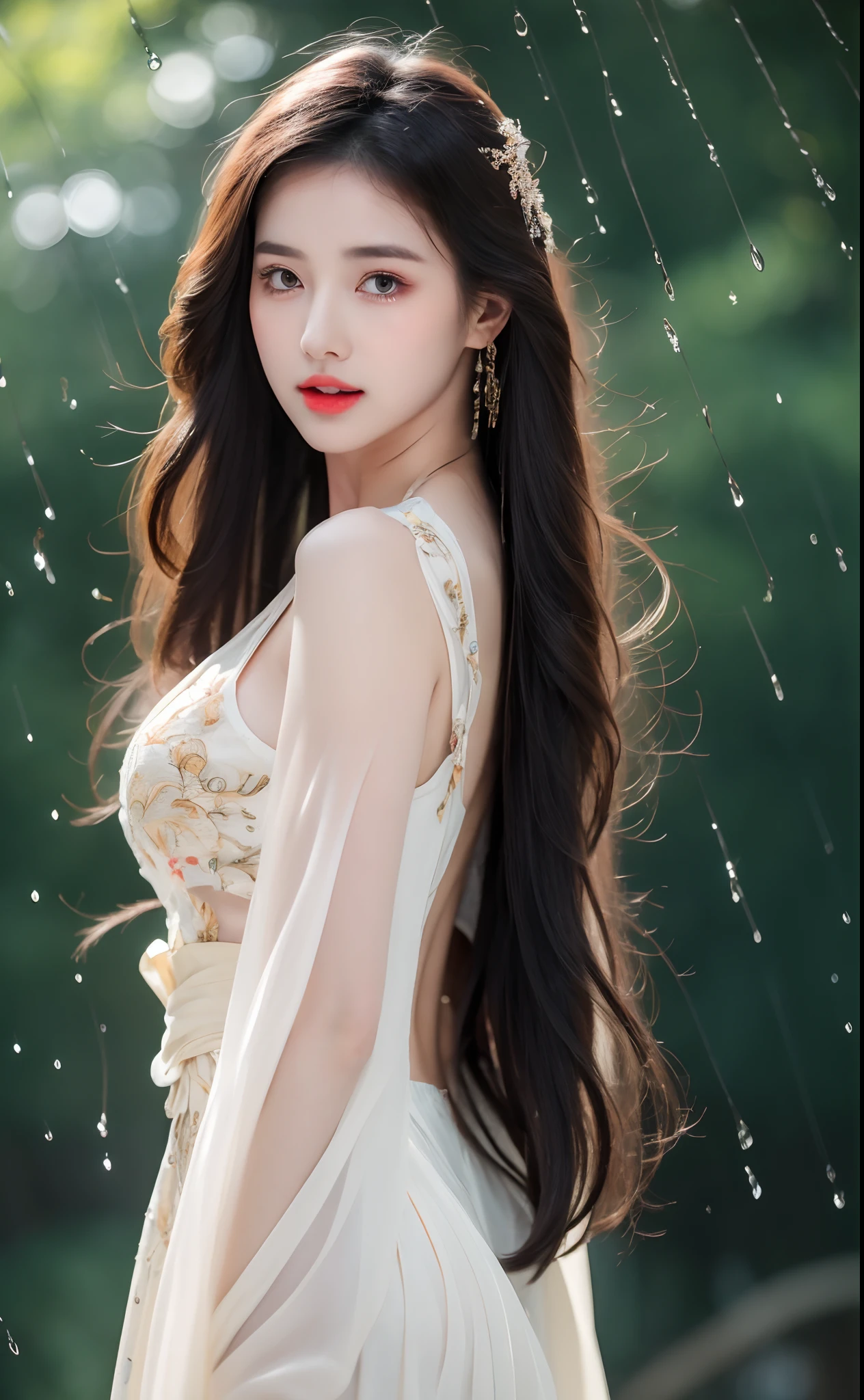 ((Best Quality, 8k, Masterpiece: 1.3)), Focus: 1.2, Perfect Body Beauty: 1.4, Buttocks: 1.2, ((Layered Haircut)), (Wet Clothes: 1.1), (Rain, Street:1.3), (Breasts: 1.2), (Hanfu: 1.2), Bare Shoulders, Bare Legs, Highly Detailed Face and Skin Texture, Fine Eyes, Double Eyelids, Whitened Skin, Long Hair, (Shut Up: 1.5), (Bokeh Background: 1.5), Big Breasts