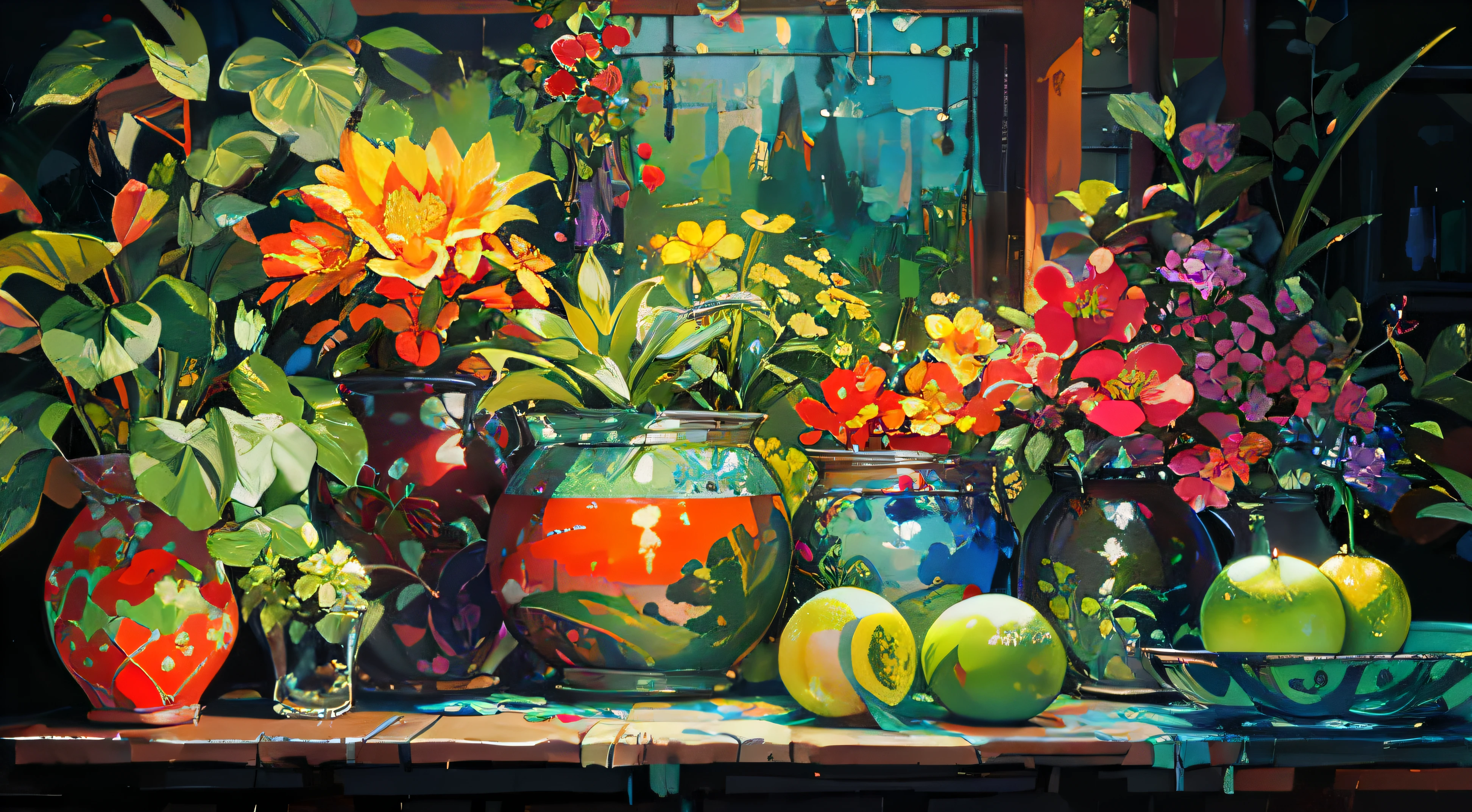there are many different types of flowers in the vases, vibrant digital painting, digital painting highly detailed, highly detailed digital painting, colorful digital painting, colorful bottles and plants, vibrant oil painting, very detailed digital painting, detailed painting 4 k, beautiful art uhd 4 k, beautiful digital painting, painterly illustration, colorful oil painting, digital painting style