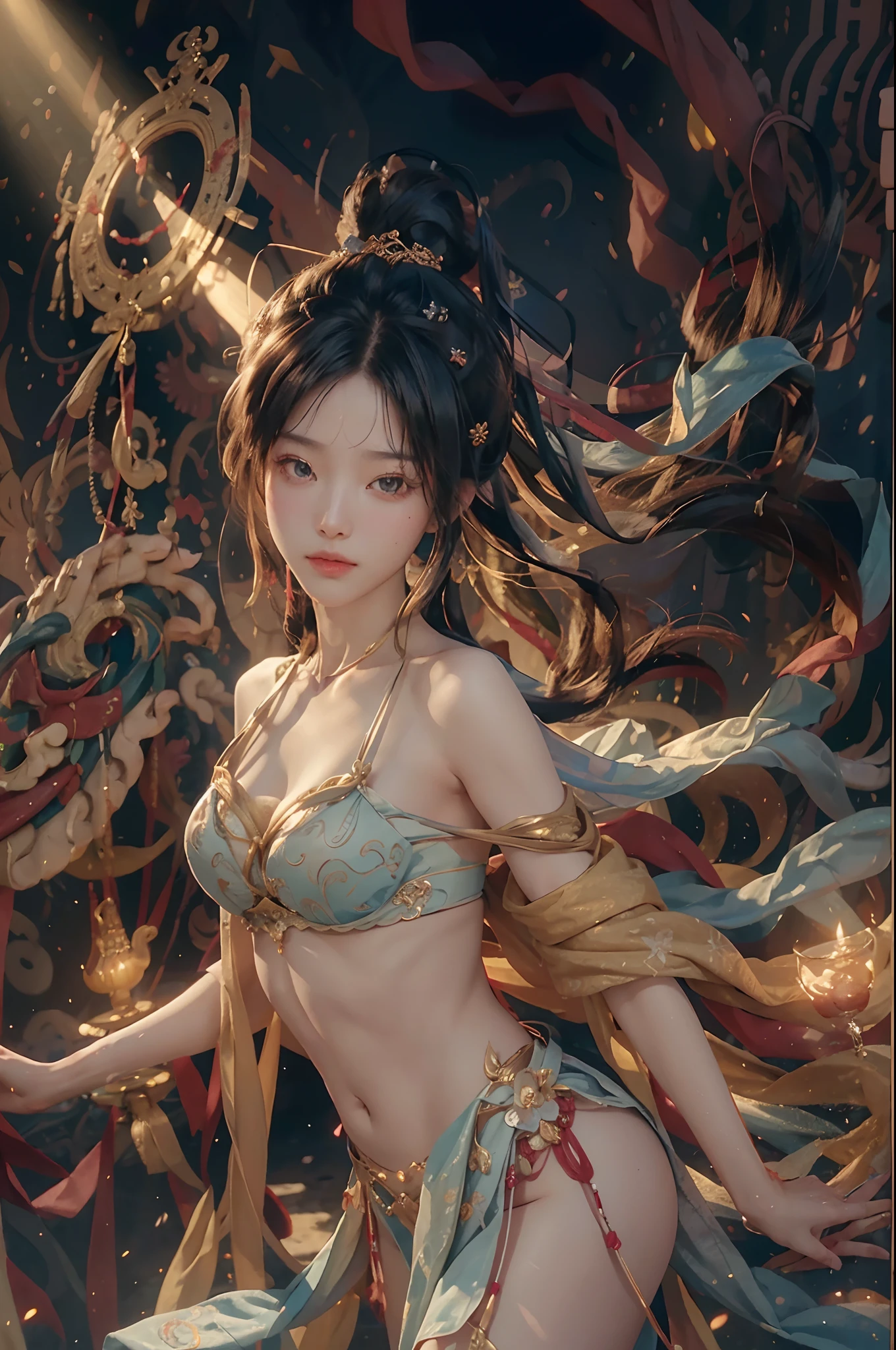 (RAW photo, Best quality), (Realistic, photo-realistic:1.3), Best quality, Highly detailed, Masterpiece, Ultra-detailed, illustration, 1girll, The upper part of the body_Body, Dynamic Angle, world mastery theater, Messy_Long_Hair,Best quality, extremely detailed CG unity 8k壁纸,ink,astounding,电影灯光,lens_flare,dunhuang_Style,scantily clad,4K Ultra Clear,Delicate details,Bright light,Perfect human body,Perfect face,Gorgeous background