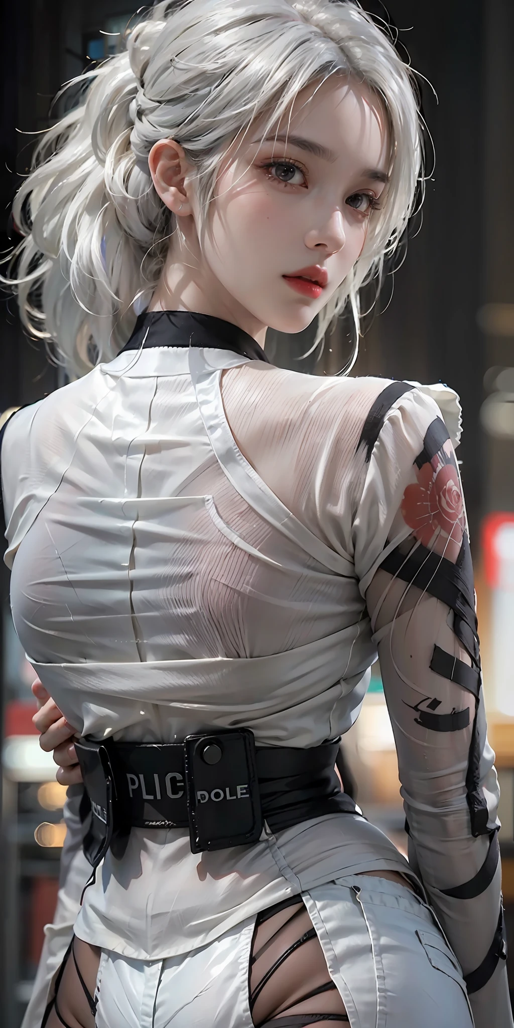 photorealistic, high resolution, soft light,1women, solo, hips up, (detailed face),tattoo, jewelry, night city, police uniform, white hair