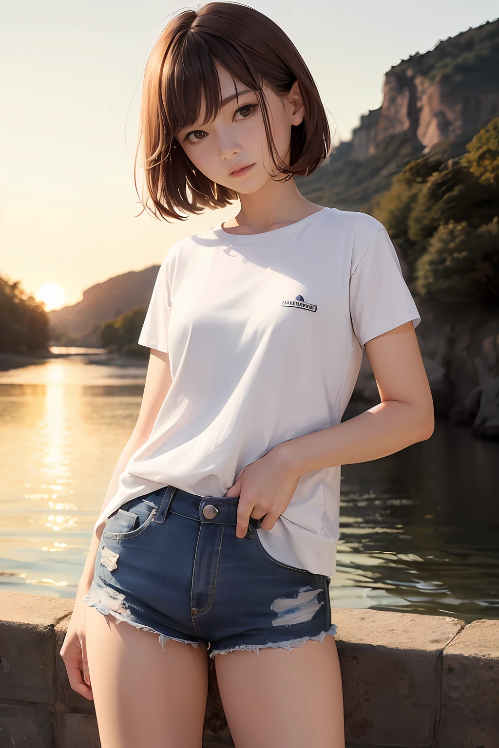 (sea side、Sunset)、((middlebreast、tomgirl、the head is small))、sunlights、(the perfect body : 1.1)、(short straight hair : 1.2)、reddish brown hair、white  shirt、((Hold out your right hand))、((Hands on back))、Wearing a denim jacket、((shortpants))、(Highly detailed CG 8k wallpaper)、(extremely delicate and beautiful)、(​masterpiece)、(top-quality:1.0)、(超A high resolution:1.0)、beautiful  lighting、perfect lightning bolt、realistic shadow、[hight resolution]、Detailed skin、ultra-detailliert