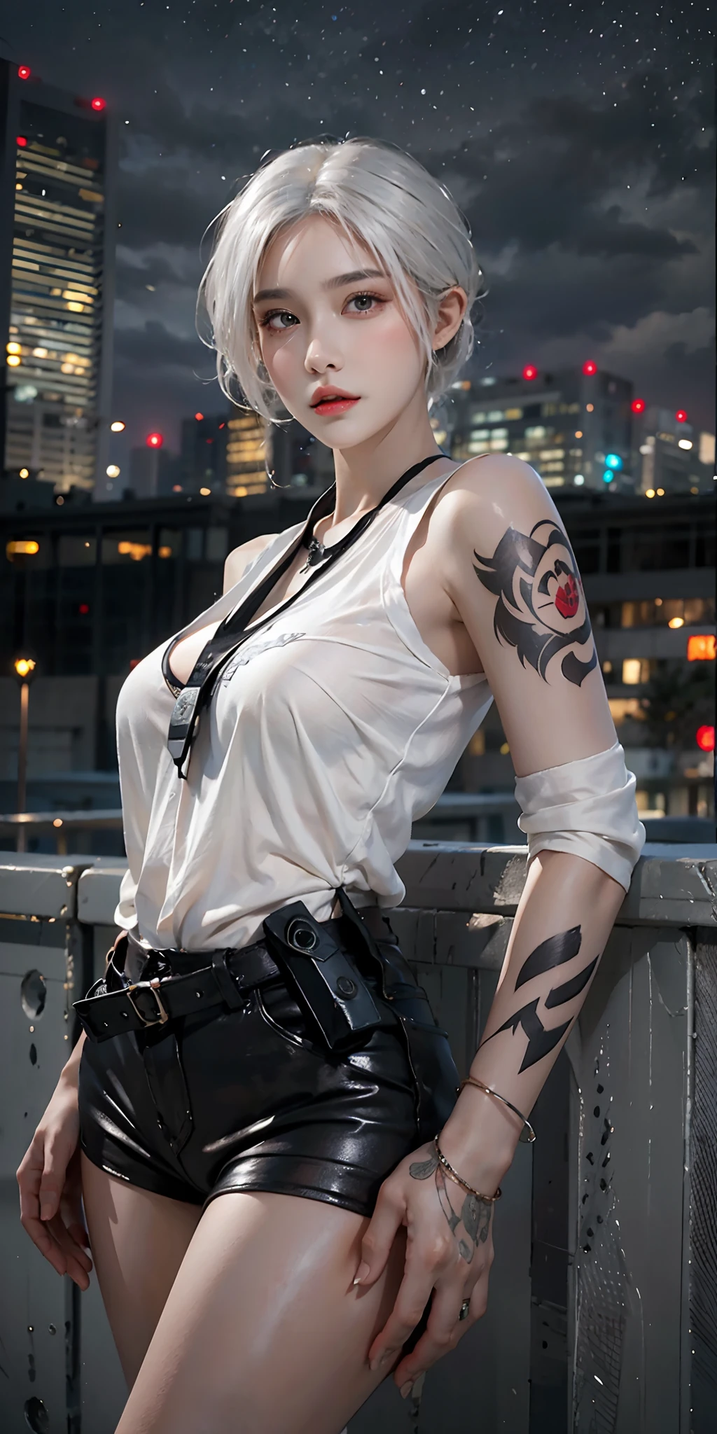 photorealistic, high resolution, soft light,1women, solo, hips up, (detailed face),tattoo, jewelry, night city, police uniform, white hair