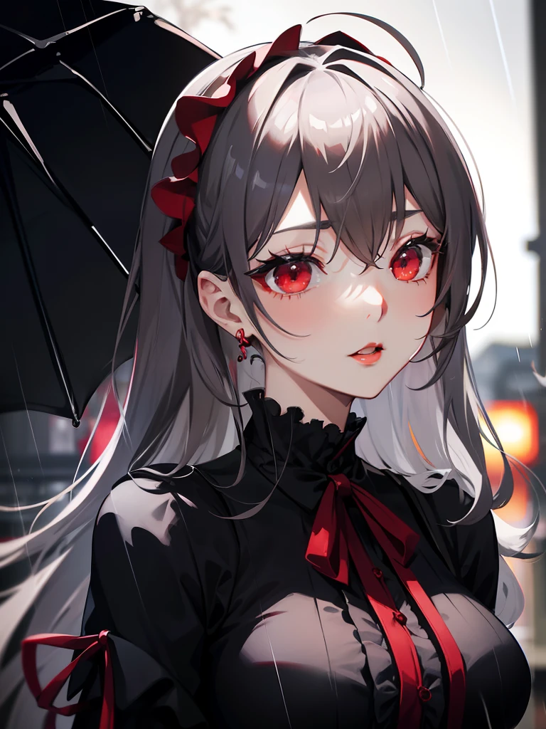 Akihiko Yoshida, Black Gothic ta dress, grey hair, red eyes, Downtown Tokyo, bright red lips, Strong Perspective, closes mouth, Upper body portrait, Tied hair, natta, Heavy rain, blurry backround