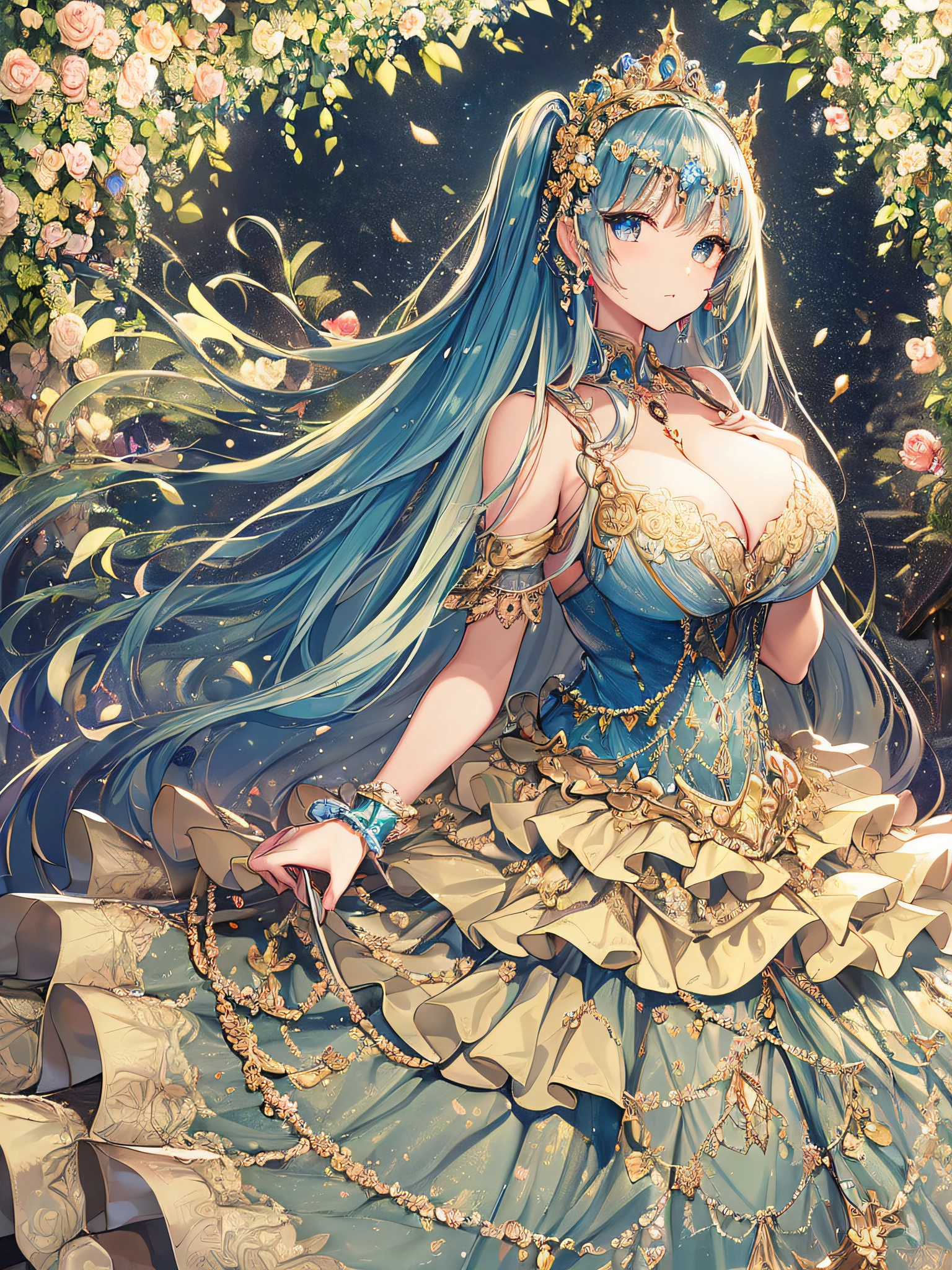 ((anime artstyle)),(Masterpiece),(Best Quality), (Super Detail),((Very Delicate and Beautiful)),(((Solo))),((full body portrait)),((1 princess in gorgeous princess rococo ballgown with voluminous full length hoop skirt)),((crinoline)),Long train,(((standing in garden))),(gorgeous gemstone jewelry),detailed face and eyes,jewel-like eyes,((large amount of straight hair,extremely voluminous Hair,Very Long Straight Hair)),((gigantic tits,Long tits)),cleavage,extremely gorgeousfull hair ornament,((bling-bling extremely gorgeousfull jeweled tiara)),((Dynamic Angle)),Looking at viewer,,flowers,flower petals flowing,((gorgeous princess rococo ballgown with voluminous full length hoop skirt))