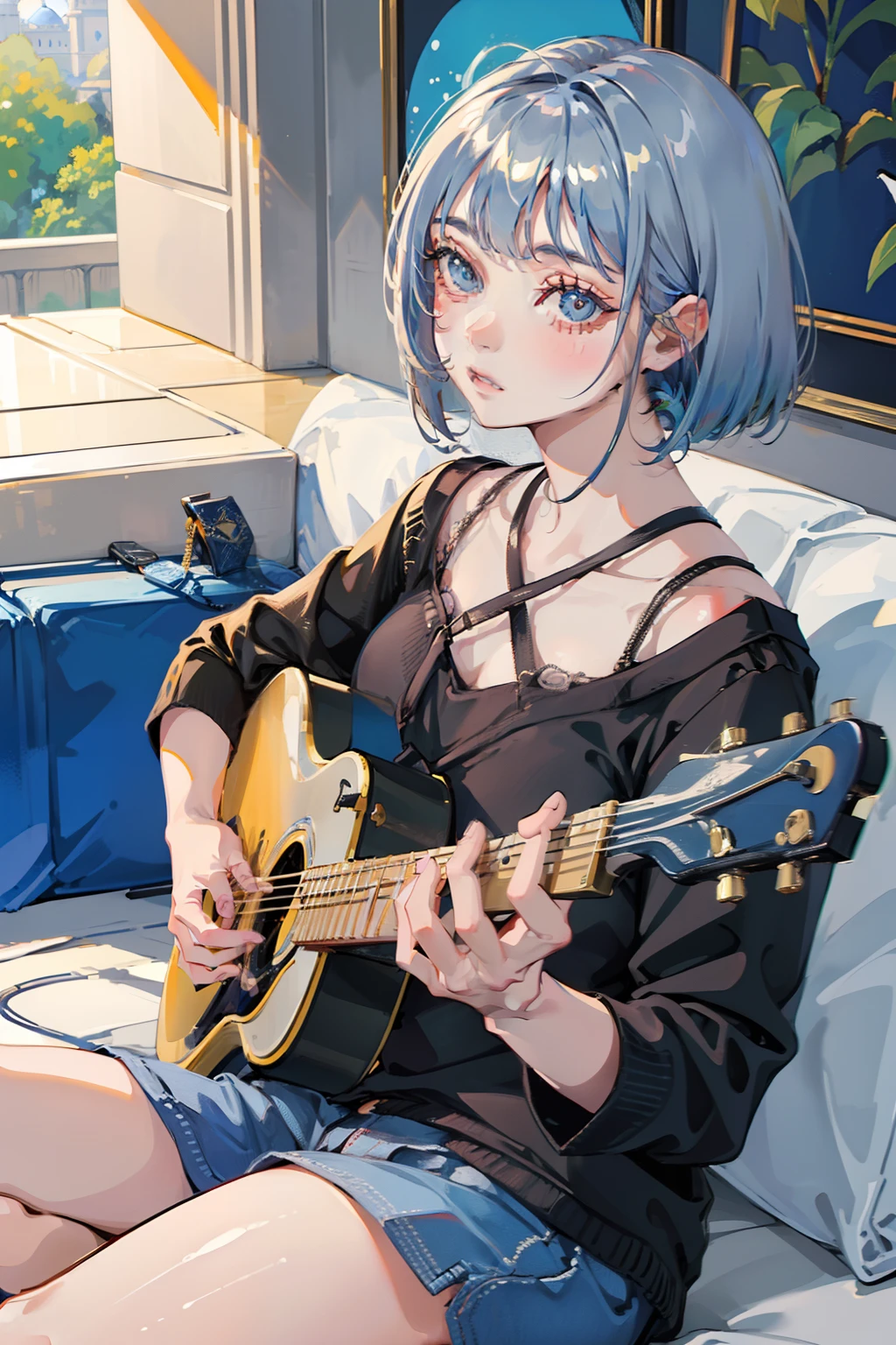 (((Playing guitar)))、独奏、cool expression、sitting on、((Agra))、full bodyesbian、(((Bright eyes)))、Beautiful eyes、Gray Hair Bob、Fashionable clothes、Fancy room、Fancy effects、(((​masterpiece)))、Fancy background、Fancy details、
