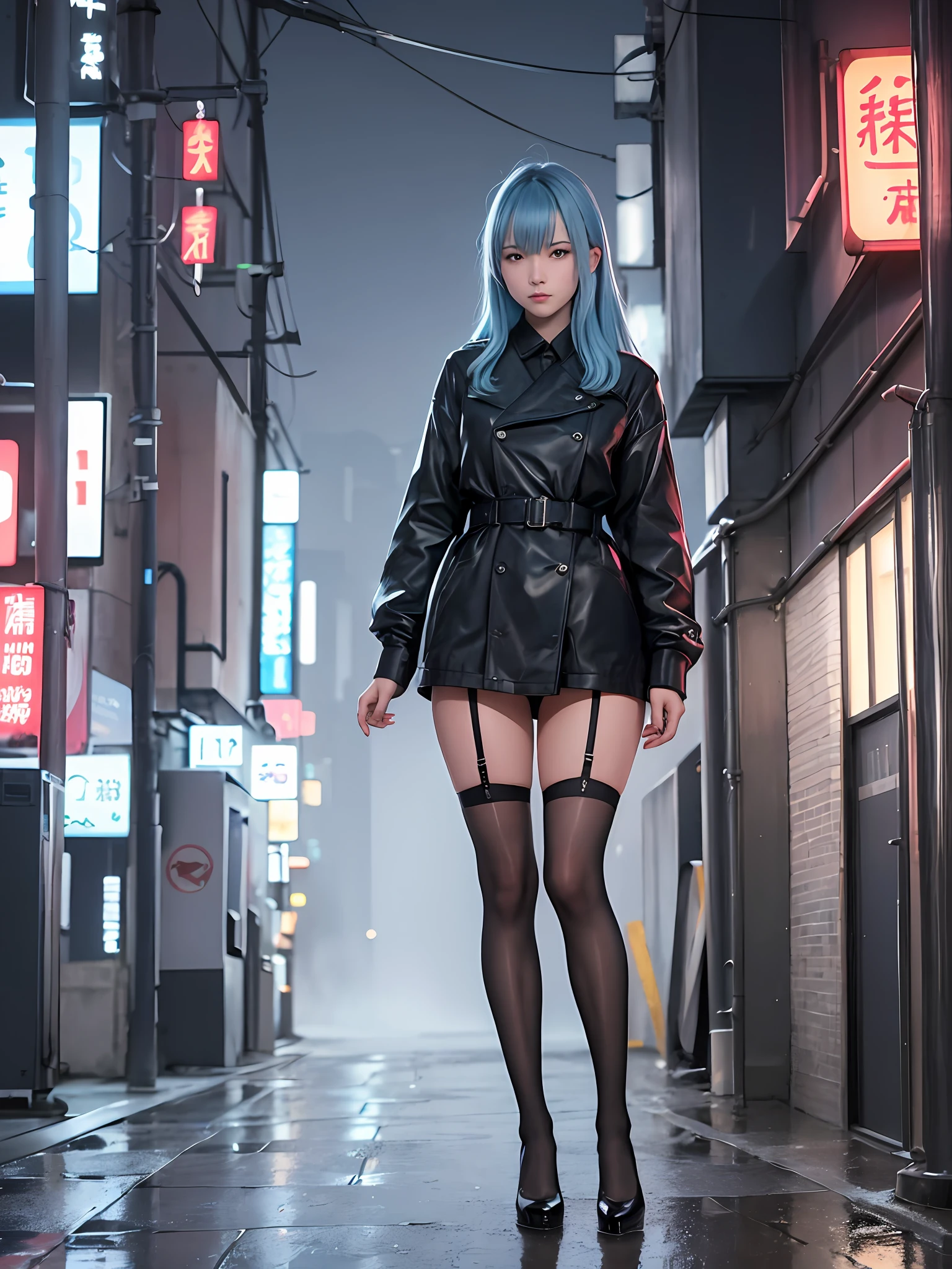(best quality, masterpiece: 1.3), 1girl, rainy day, fog, alley, umbrella holding, large and transparent umbrella, looking at the viewer, blue hair, facing the photo, cyberpunk city, alone in the alley, neon in the alley, very reflective city, long hair, sized strands going over the alley, bars, Japan, Tokyo, garter belt on one leg, knee pad on the other leg, perfect hand, delicate, night