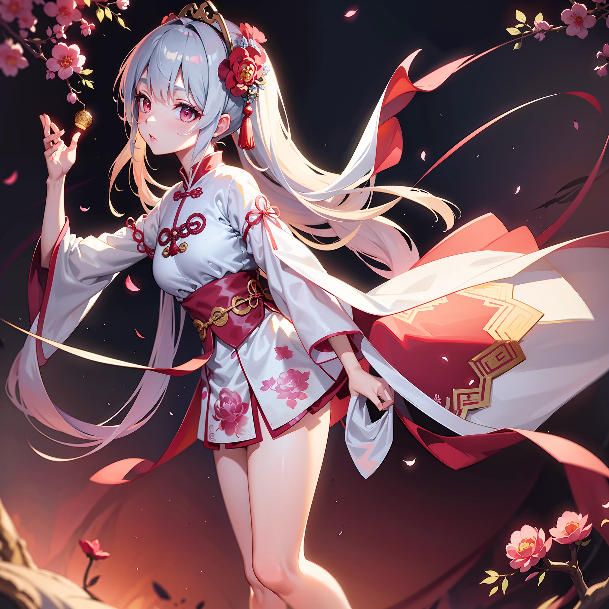 A beautiful Chinese girl, wearing peony hair accessories, wearing ancient Chinese clothing, beautiful details, rich light, beautiful female body, lancet eyebrow, meticulous eyes, flowing skirt, floating clouds, watercolor, ink painting, harmonious and unified tone, Xin Qi rendering, perfect art, fresh color background, ancient Chinese artist Qiu Ying style, soft shadow, Clean sharp focus, cinematography, center composition, poster design, cinematography, Panorama, 32K, -- v 6