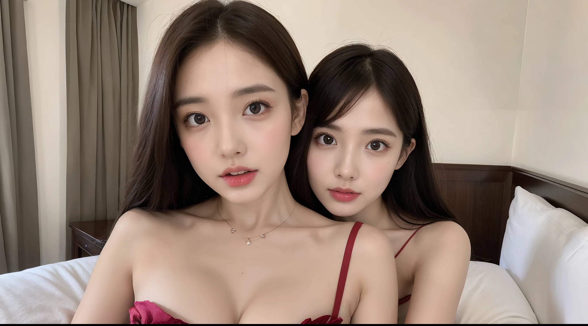 (High-resolution 8K raw photos are realistic,best qualtiy),Stick together,Cuddle together,Hold from behind,with her mouth open,Sad,agony,Stick out her tongue,Japanese pink kimono,(full bodyesbian,in a panoramic view,Side Body,Lateral face,Top angle of view),Short hair in layers,Skinny and small,beautidful eyes,Super detailed face,Beautiful woman,Tight and thin waist,Bigchest,age uncensored,cute female child,Glowing skin,20yr old,Pure,Celebrity,Noble,Raised sexy,(inside in room,onbed,Couples hotel,Rose petals on the bed,Cover your breasts with your hands,hand on breast,pinch breasts,grabbing the breasts,squeezing breasts:1.2),Sharpen,Chiffon,Gauze skirt,lacing,Front light,(Solo:1.2),cleavage,twincest