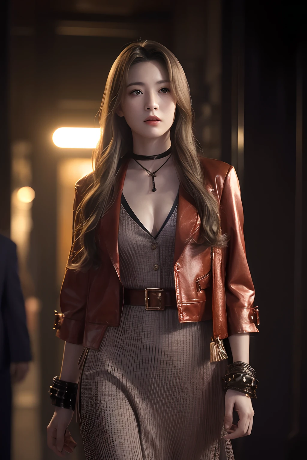 Portrait of an oriental woman,Full body photo,Fashion dress model art,photographrealistic,动态照明,poster for,Volumetriclighting,Very detailed faces,4 k'',Award-Awarded,,1girll,in the darkness nigth,deep shading,low tune,Cowboy photos,(formal outfit:1.4),long whitr hair,brunette color hair,streetview