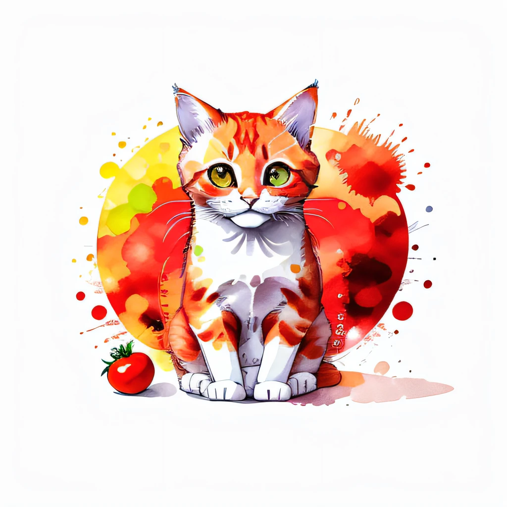 circular design, logo art, (red cat design with tomato),(on the table), fantasy, colorful, vintage, charming: white background, lowbrow art, digital illustration, radiant; gouache, 16k, minimalistic, doodle, CGSociety, solarpunk, crispy quality, sharp, bright, volumetric lighting, intricate, ample negative white space, as a logo,
