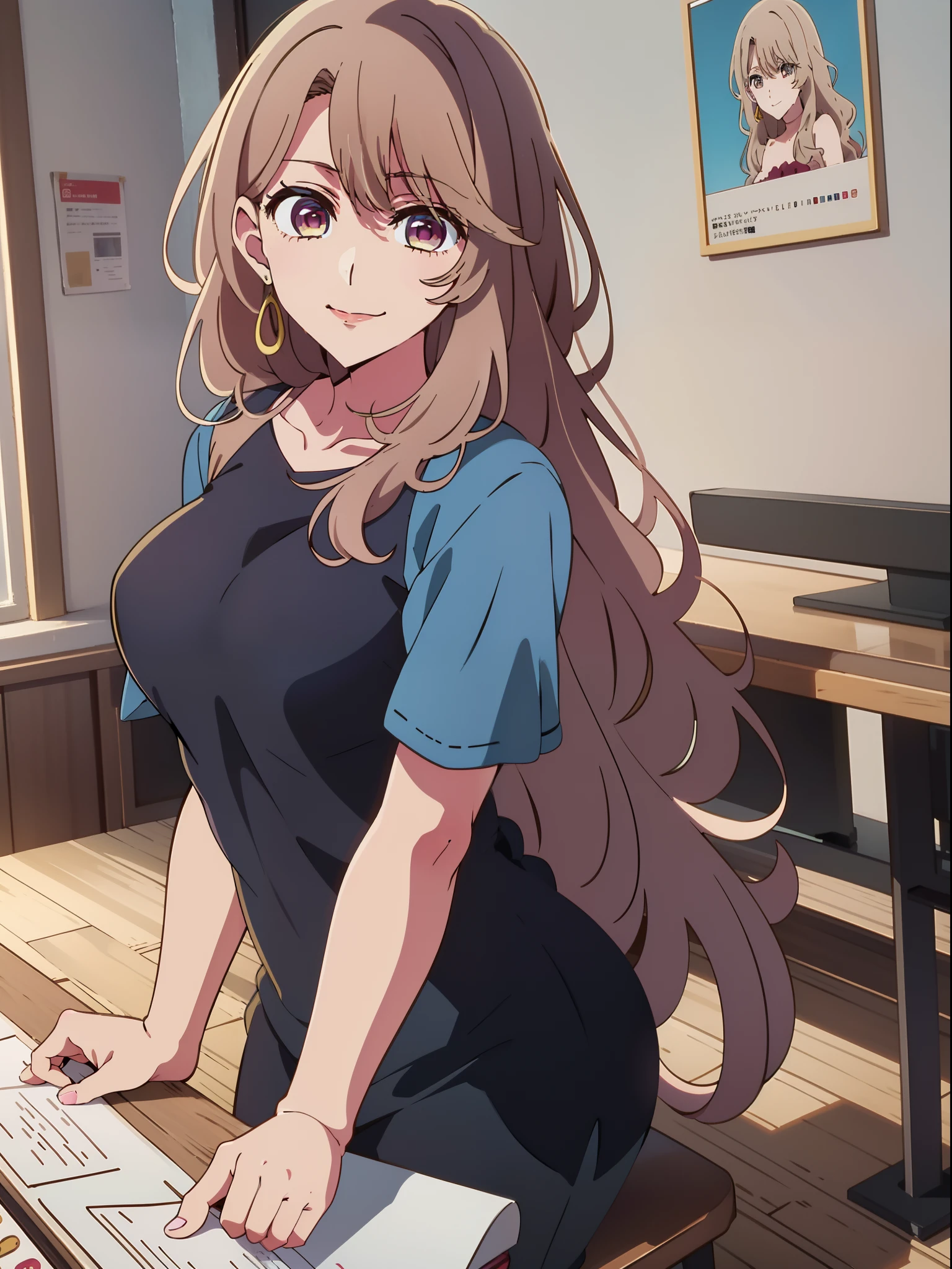 Anime girl with long hair and blue shirt in room, anime moe art style, Anime visuals of cute girls, Anime Best Girl, marin kitagawa fanart, [[[[grinning evily]]]], pretty anime girl, Smooth Anime CG Art, Seductive Anime Girl, charming anime girls, Cute anime girl, portrait of cute anime girlbabes, Cunning smile