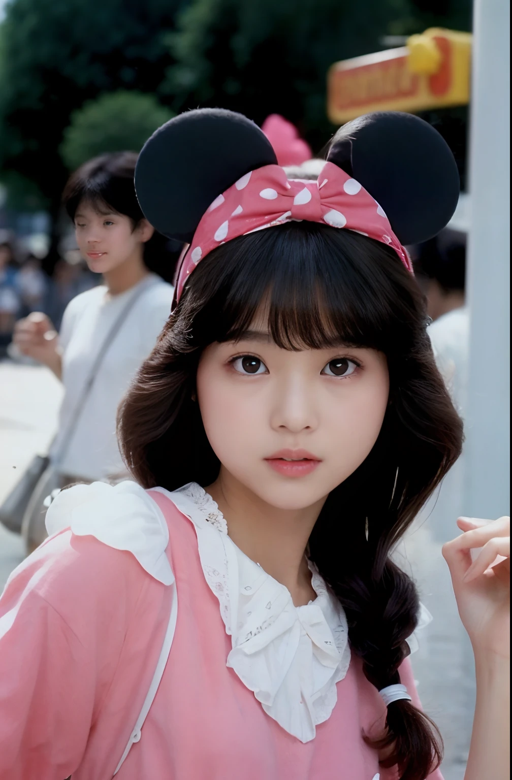 There's a girl wearing a hat with Mickey Mouse ears,  80's japanese