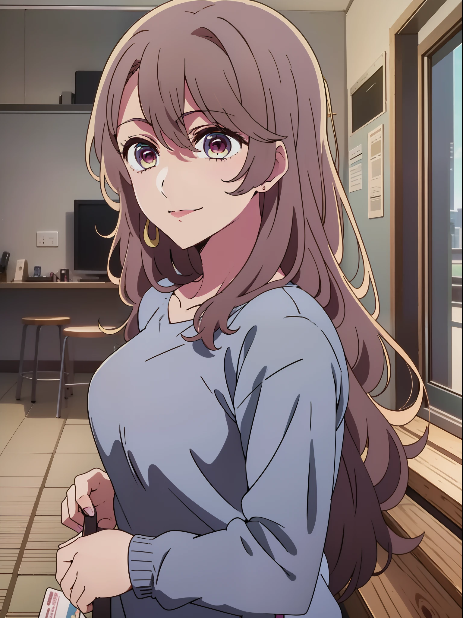 Anime girl with long hair and blue shirt in room, anime moe art style, Anime visuals of cute girls, Anime Best Girl, marin kitagawa fanart, [[[[grinning evily]]]], pretty anime girl, Smooth Anime CG Art, Seductive Anime Girl, charming anime girls, Cute anime girl, portrait of cute anime girlbabes, Cunning smile