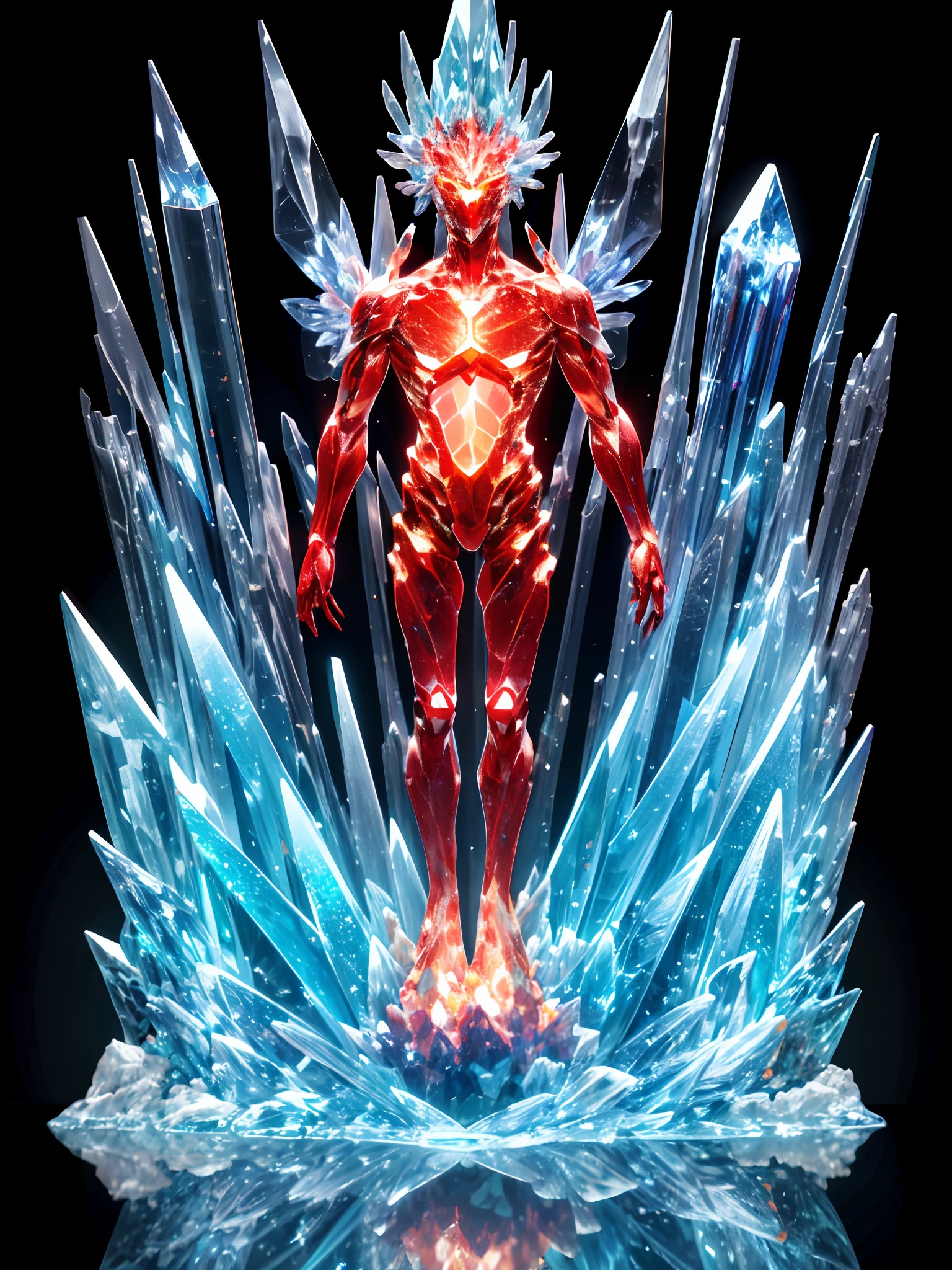 (Best quality:1.2) (4K:1.) (very high resolution:1.1) , (photograph of-realistic:1.1) , (ultra detailed CG:1.1) , Official concept art , sculpture made of crystal , No Man , Solo , Inorganic upper body , Transparent body , (phcrystal:1) , Red crystal , Pedras preciosas , (glasssculpture:.95) , Translucent ,Reflection , RTX , lay tracing , Particle