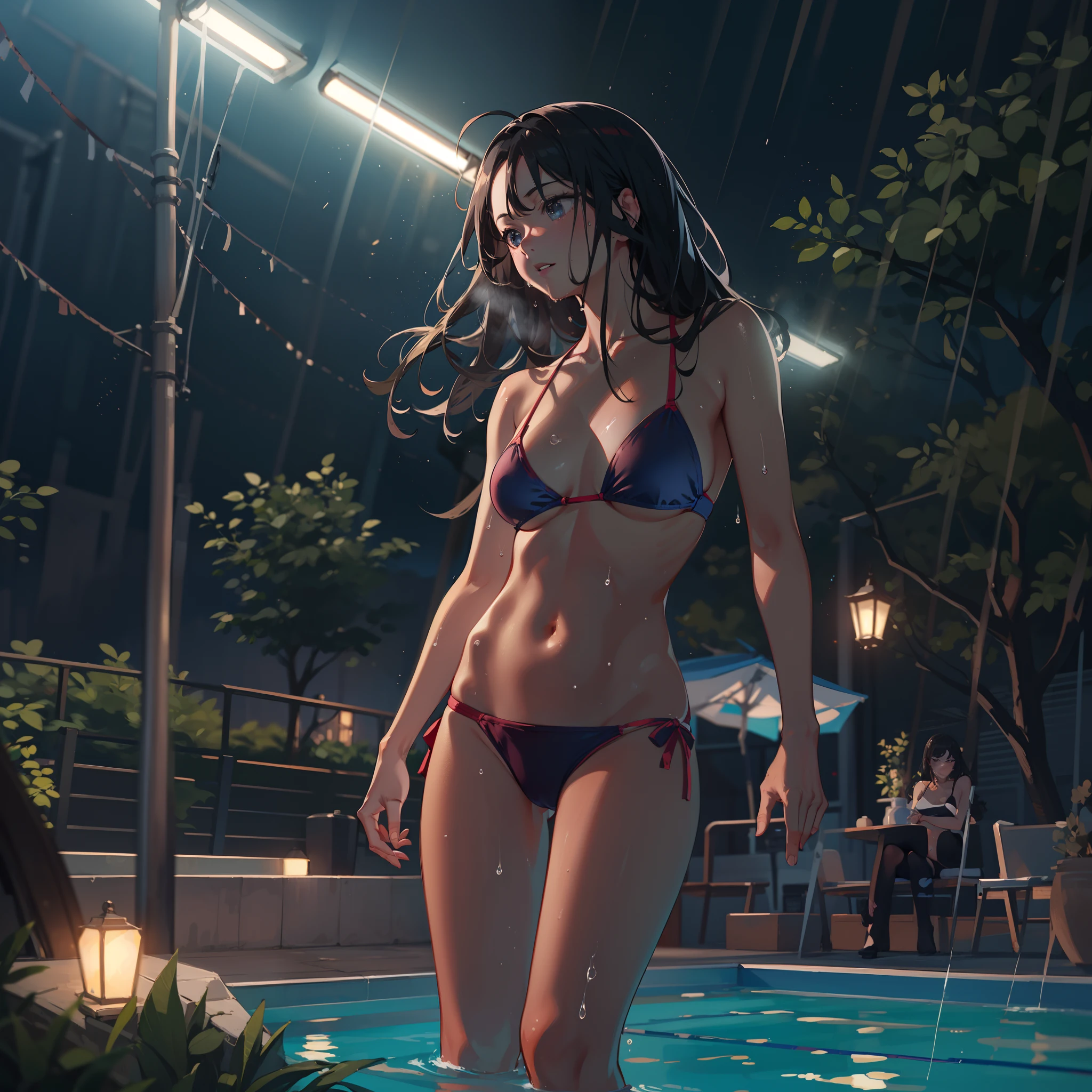 Wearing sweat,dutch angle shot,ground-level shot,low angle,full body shot,medium shot:1.8,Mid summer,The bikini,Night Pool:1.8,jumping into the pool,Blowing in the wind,Wet hair,2 girls in , (Raw photo: 1.2), (Realism: 1.4), (masutepiece: 1.3), (exquisite detailing: 1.2), kiss,Delicate and beautiful details, (Eye Detail), (Facial Detailed), (Highest Quality) :1.4), (Hyper-Resolution: 1.2), cinematric light, (very detailed illustration), Best Quality,depth of fields, Wide light, natural shadows