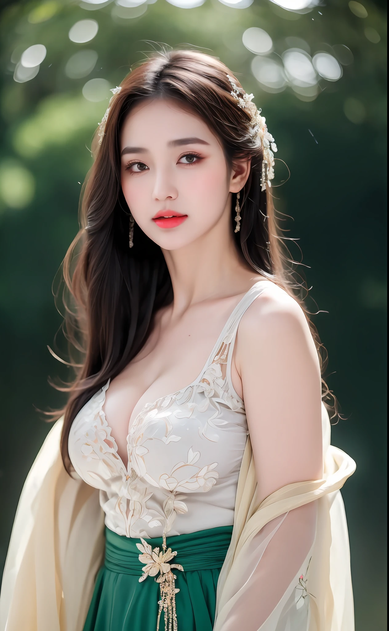 ((Best Quality, 8k, Masterpiece: 1.3)), Focus: 1.2, Perfect Body Beauty: 1.4, Buttocks: 1.2, ((Layered Haircut)), (Wet Clothes: 1.1), (Rain, Street:1.3), (Breasts: 1.2), (Hanfu: 1.2), Bare Shoulders, Bare Legs, Highly Detailed Face and Skin Texture, Fine Eyes, Double Eyelids, Whitened Skin, Long Hair, (Shut Up: 1.5), (Bokeh Background: 1.5), Big Breasts