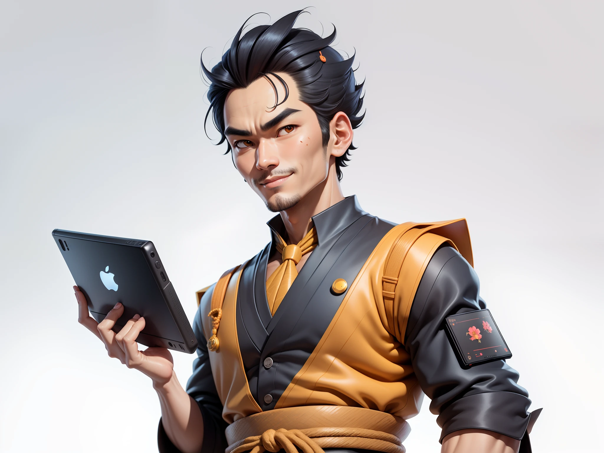 (Daisaku),(Need),(Super meticulous),(full bodyesbian:1.2),Super young man with Japanese geisha,Beautiful,orient,one tiger,Aeolian Thor,Raised sexy,爆乳,Oriental face,TV Anchor,Bust portrait illustration,In black suit,a blue tie,The face is slightly chubby,The face was clean,without a beard,Black super short hair,Black eyes,Smile confidently,3C computer sub-products,iPad, iphone,Digital painting,3D character design by Mark Clairen and Pixar and Hayao Miyazaki and Akira Toriyama,The illustration is a high-definition illustration in 4K resolution,With very detailed facial features and cartoon-style visuals。