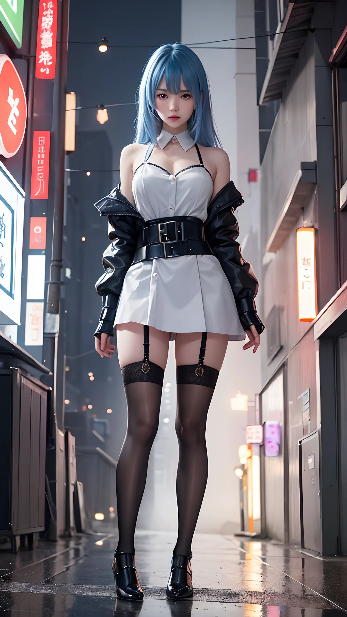 (best quality, masterpiece: 1.3), 1girl, rainy day, fog, alley, umbrella holding, large and transparent umbrella, looking at the viewer, blue hair, facing the photo, cyberpunk city, alone in the alley, neon in the alley, very reflective city, long hair, sized strands going over the alley, bars, Japan, Tokyo, garter belt on one leg, knee pad on the other leg, perfect hand, delicate, night