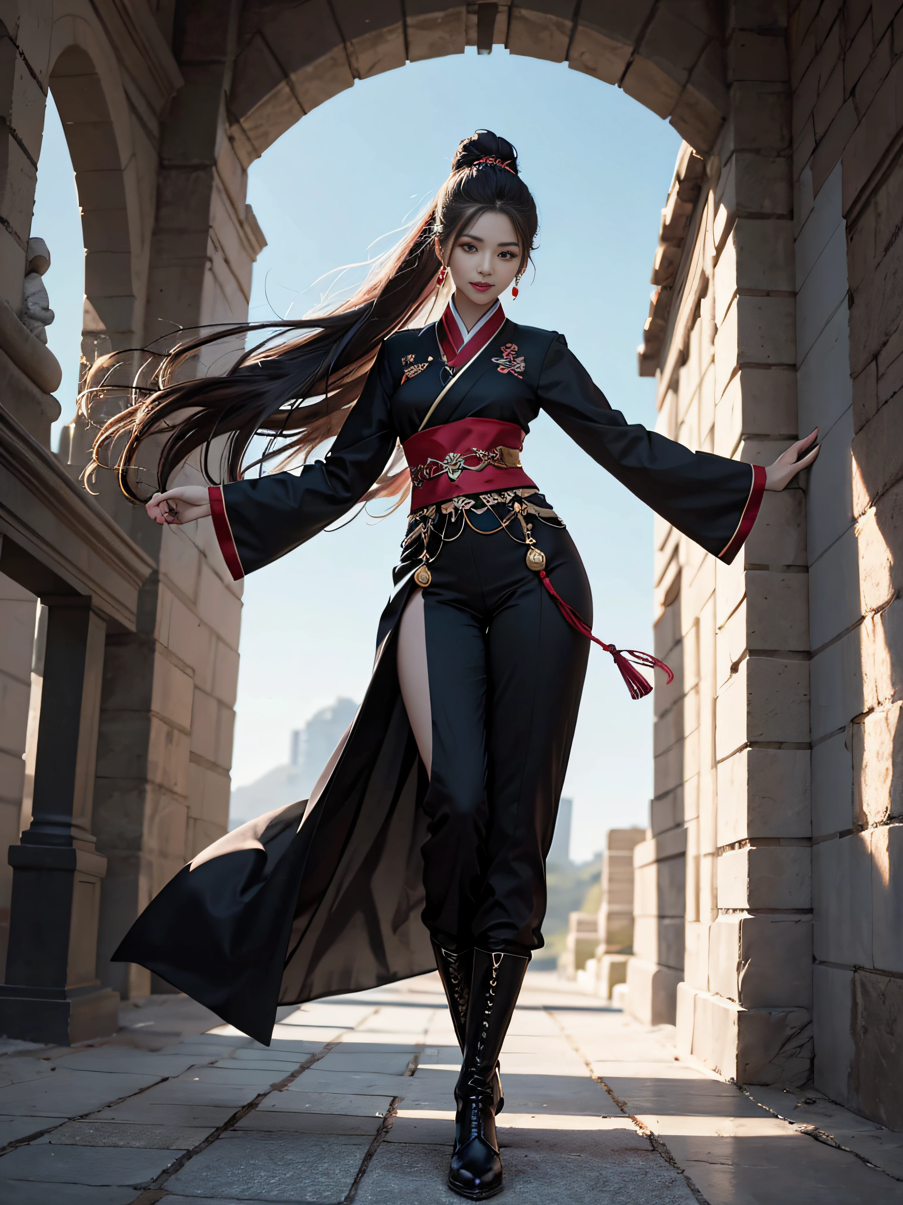 Royal sister，swordsmen，Big sister type，Oriental women，gallant woman，Cold sass，tmasterpiece，A high resolution,,Absolutely beautiful,，looking toward the viewer，frontage，（Wide buttock：1.3），（Thick legs：1.4），are standing，exquisitedetails,A high resolution,Wallpapers,1female,独奏,，enchanted、Raised sexy， cruel grin，ancient wind，Tight Hanfu,，Black all over，dark，Wear long pants，Wear boots，embroidery, natural poses,standing on your feet